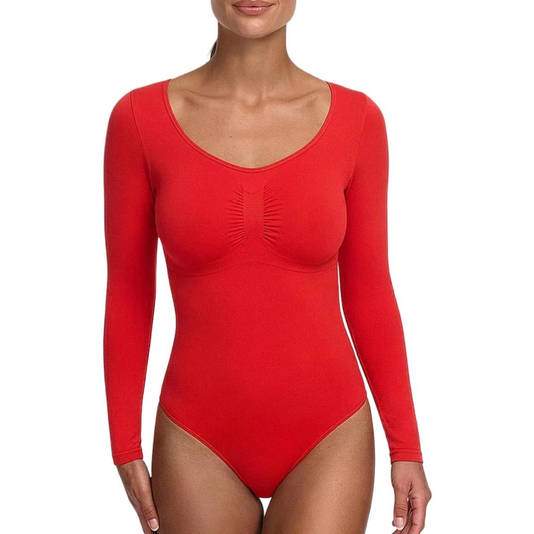 cfab by creamy fabrics Miederbody Bodysuit Sculpting Shapewear Longsleeve mit String-Fire Red-5XL (1-tlg) Figurformend