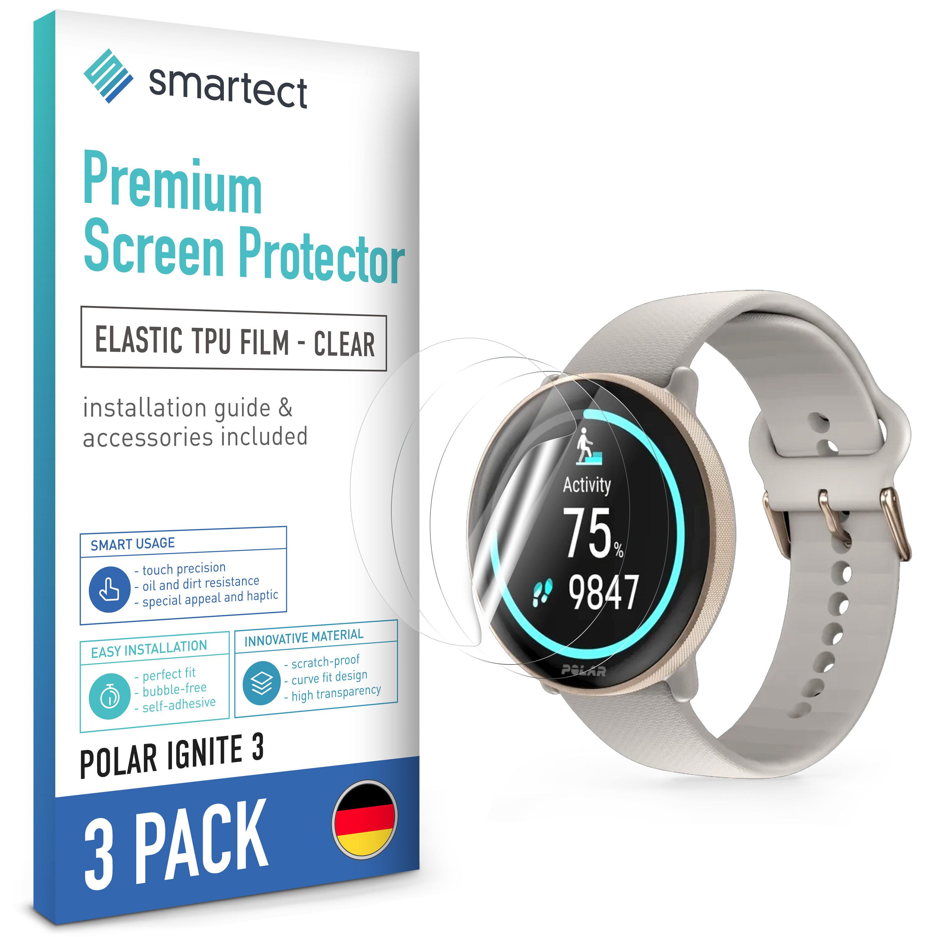 smartect Displayschutzfolie TPU Schutzfolie Klar für Polar Ignite 3, Set, 3 Stück, Panzerfolie Bildschirm Displayfolie