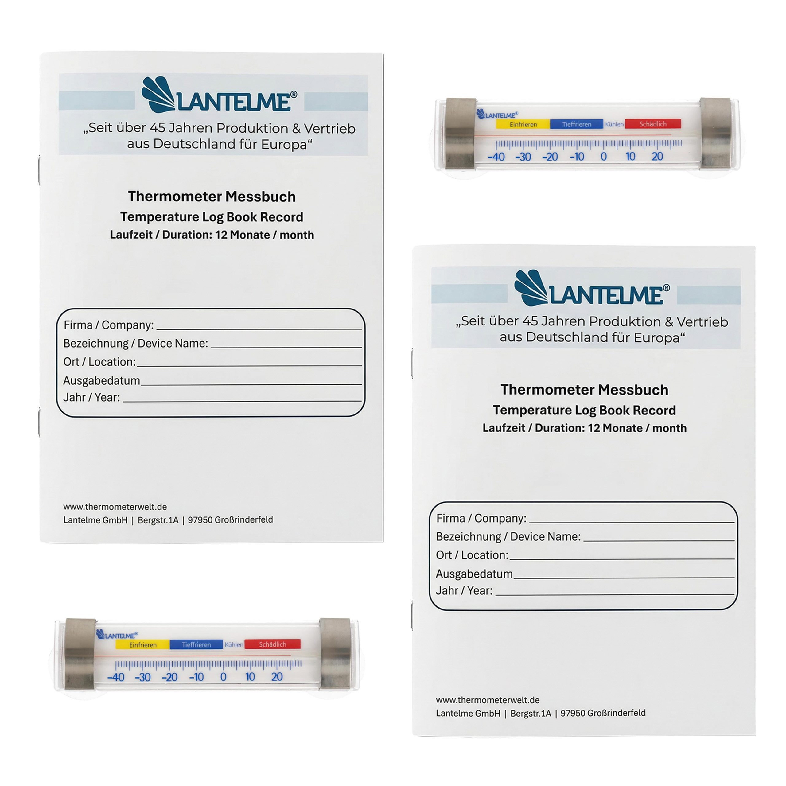 Lantelme Kühlschrankthermometer 2 Stück und 2 Protokollbücher Set für Kühlschrank Kühltheke, 3 Notizen Täglich im Heft, Thermometer Dokumentationsheft DIN A5 12 Monate
