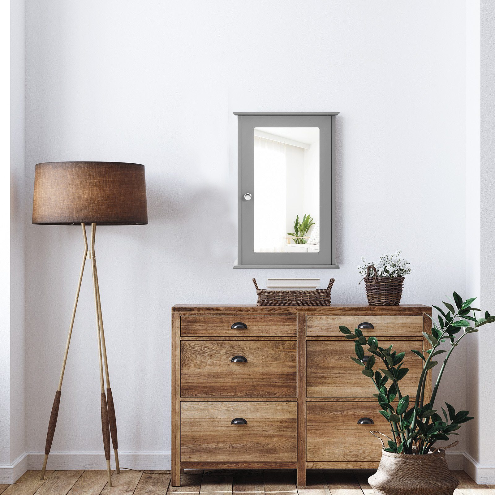 Ablage, mit Holz, grau & 34x15x53cm, COSTWAY Tür Bad, Spiegelschrank