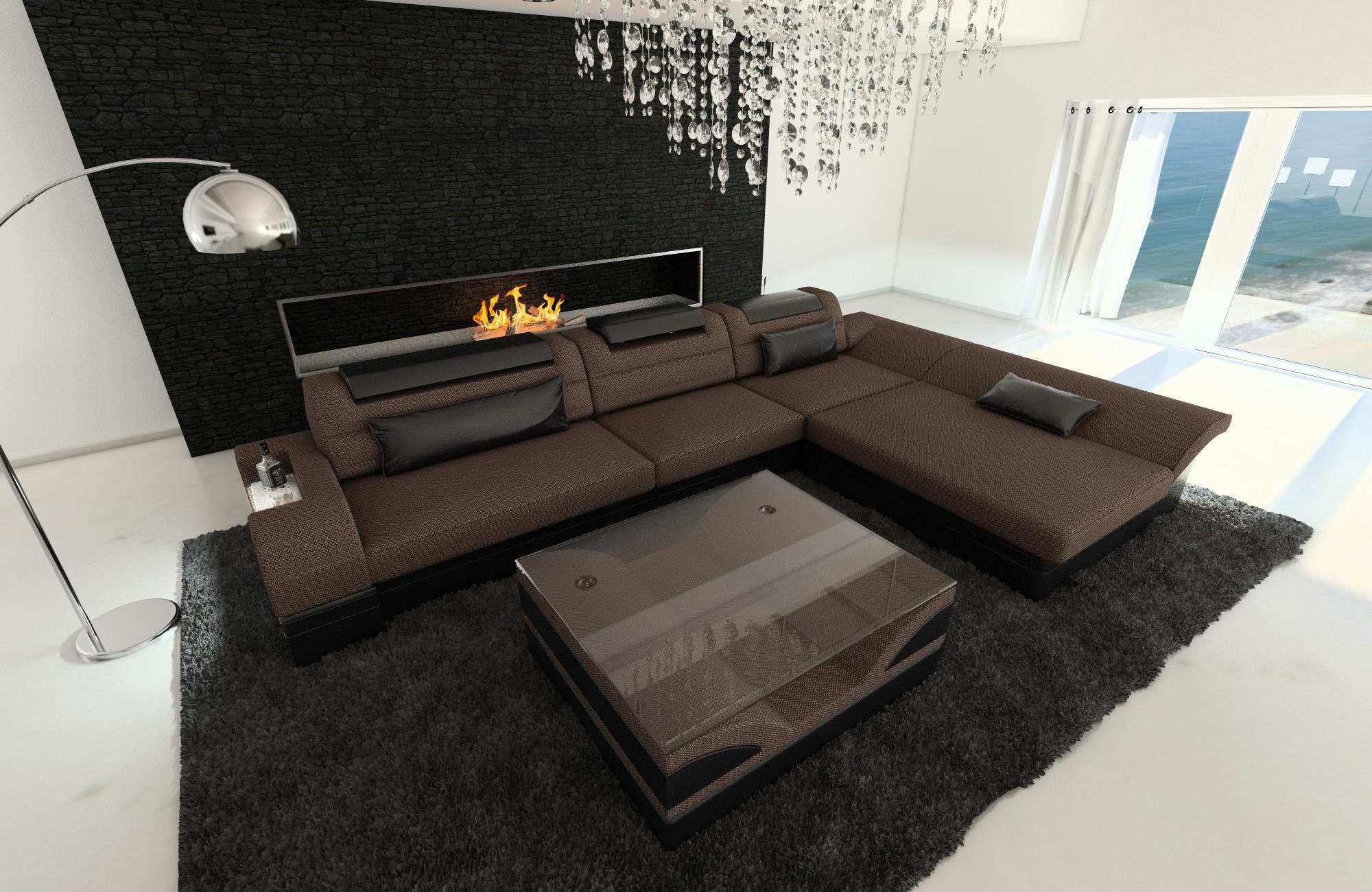 Sofa Dreams L Ecksofa Stoff Monza Braun-Schwarz Polstersofa Form, LED, ausziehbare Stoffsofa Designersofa Couch H8 mit Bettfunktion