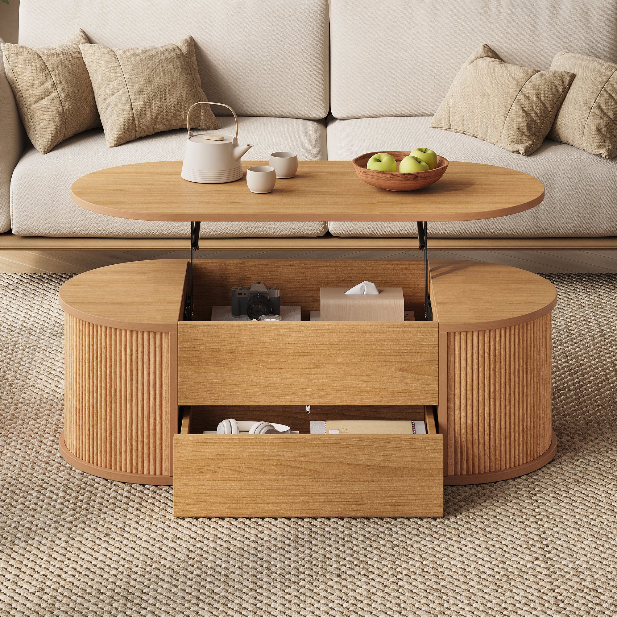 Odikalo Couchtisch Beistelltisch Wohnzimmertisch Ovaler höhenverstellbare mit Schublade (100x50x35cm Sofatisch Höhenverstellbarer Ovaler mit 1 Schublade & Verstecktem Stauraum Rundkanten MDF Multifunktionaler Kaffee Tisch für Wohnzimmer)