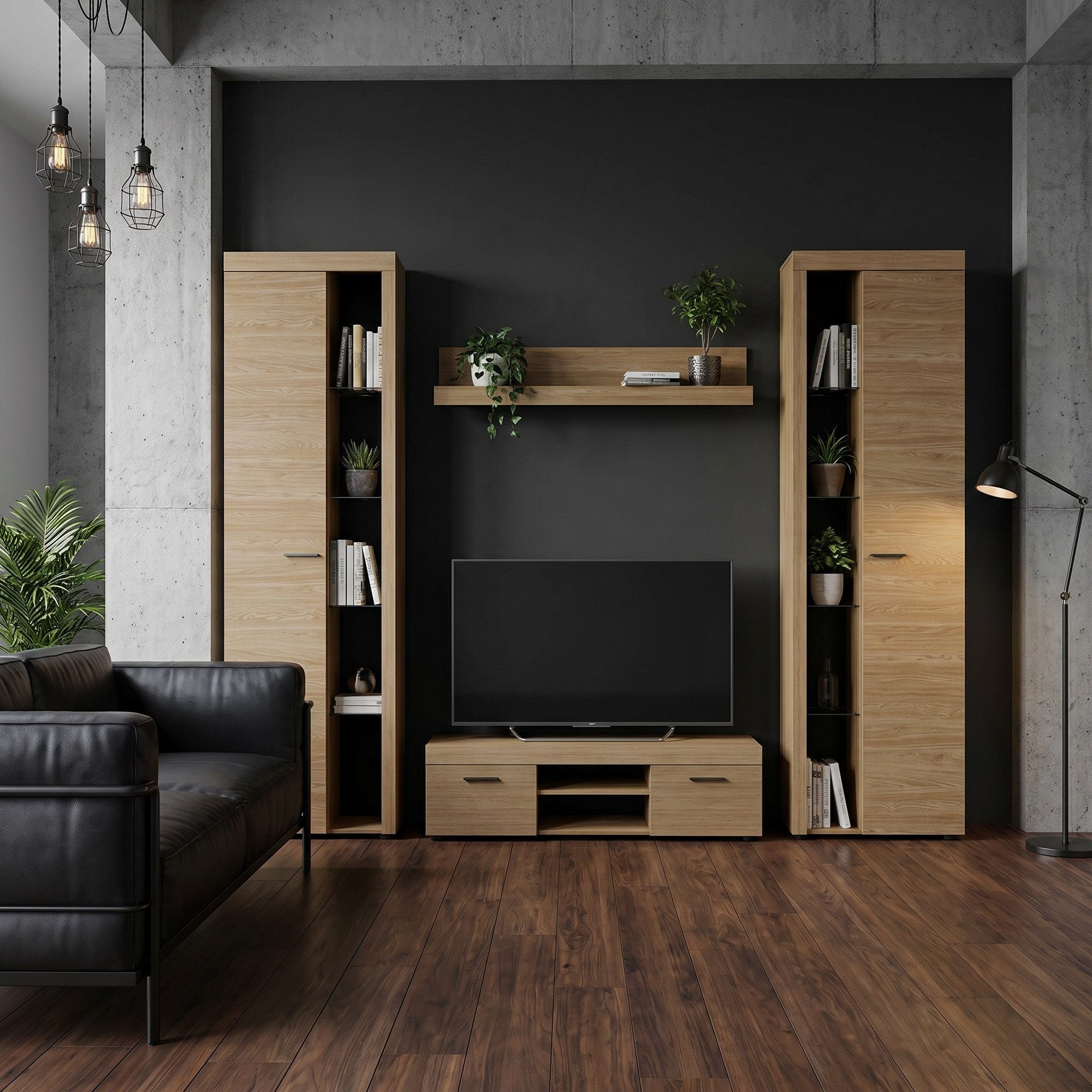 COMBO Wohnwand 300x190cm Eiche Wohnzimmer Stauraum modern stilvoll, (2 Vitrinenschränke TV-Lowboard Wandregal 4-teilig, 4-St), 2 Vitrinenschränke TV-Lowboard Wandregal 4-teilig