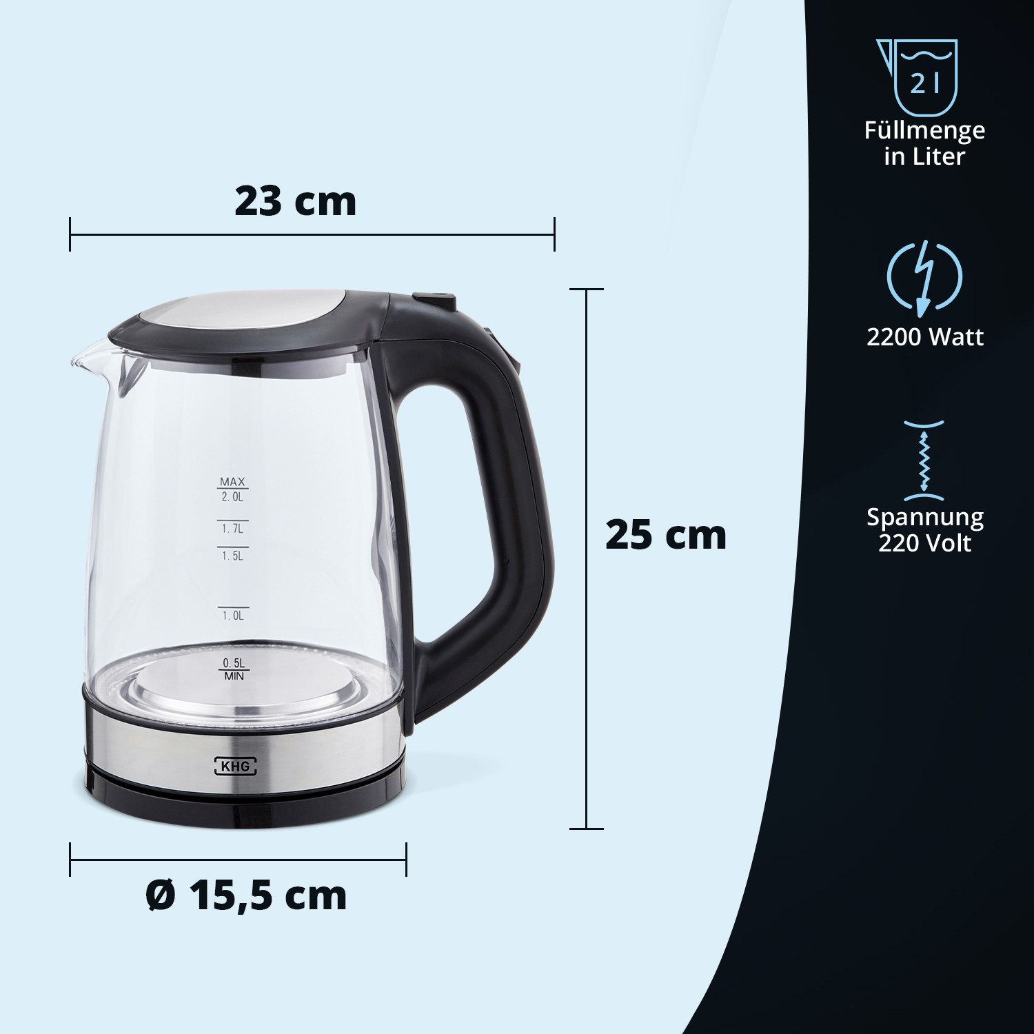 KHG Wasserkocher WK-1706 GES aus Glas, 2 Liter Fassvermögen, LED Beleuchtung, 2 l