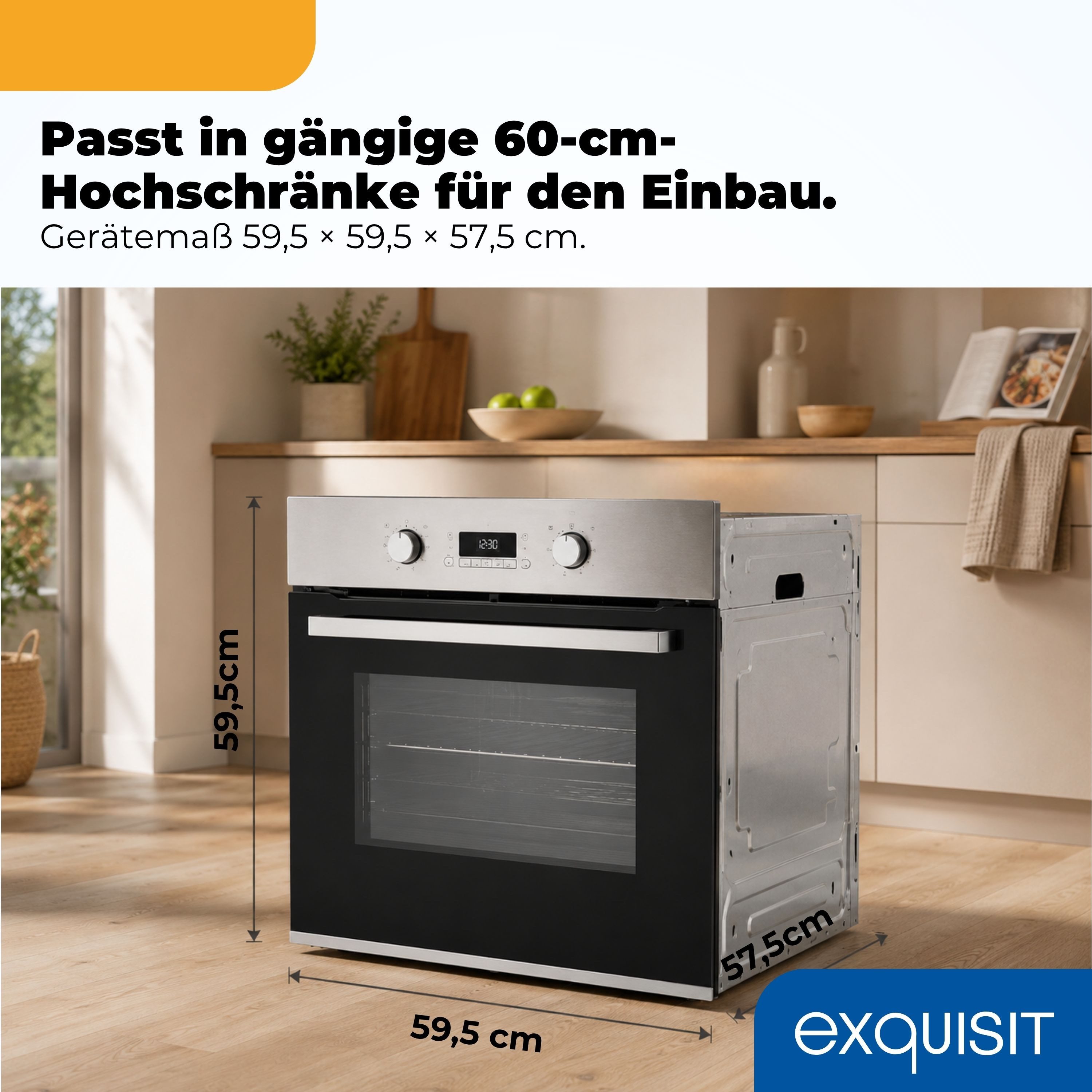 exquisit Einbaubackofen EBEP 697-3 H, mit Teleskopauszug nachrüstbar, Pyrolyse-Selbstreinigung, 70 L, inkl. Eco-Funktion, 4-fach-verglaste Tür, versenkbare Knebel