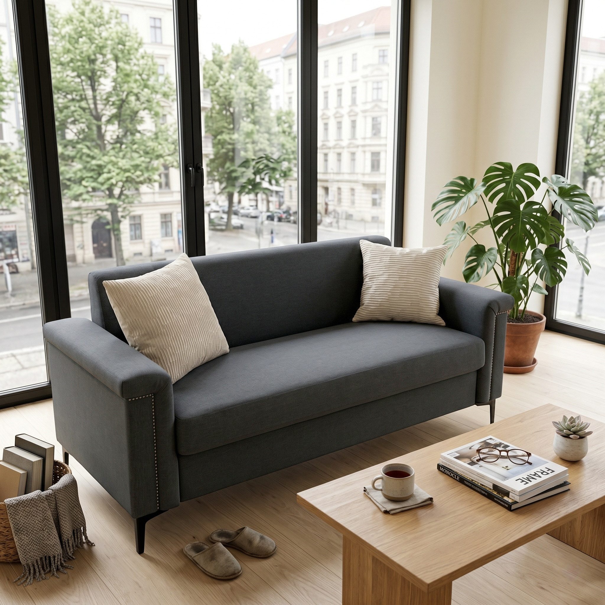 Celya Sofa 2-Sitzer 172×72×82 cm, Feines Leinengewebe, Massivholzrahmen und stabile Eisenbeine, ideal für Wohnzimmer
