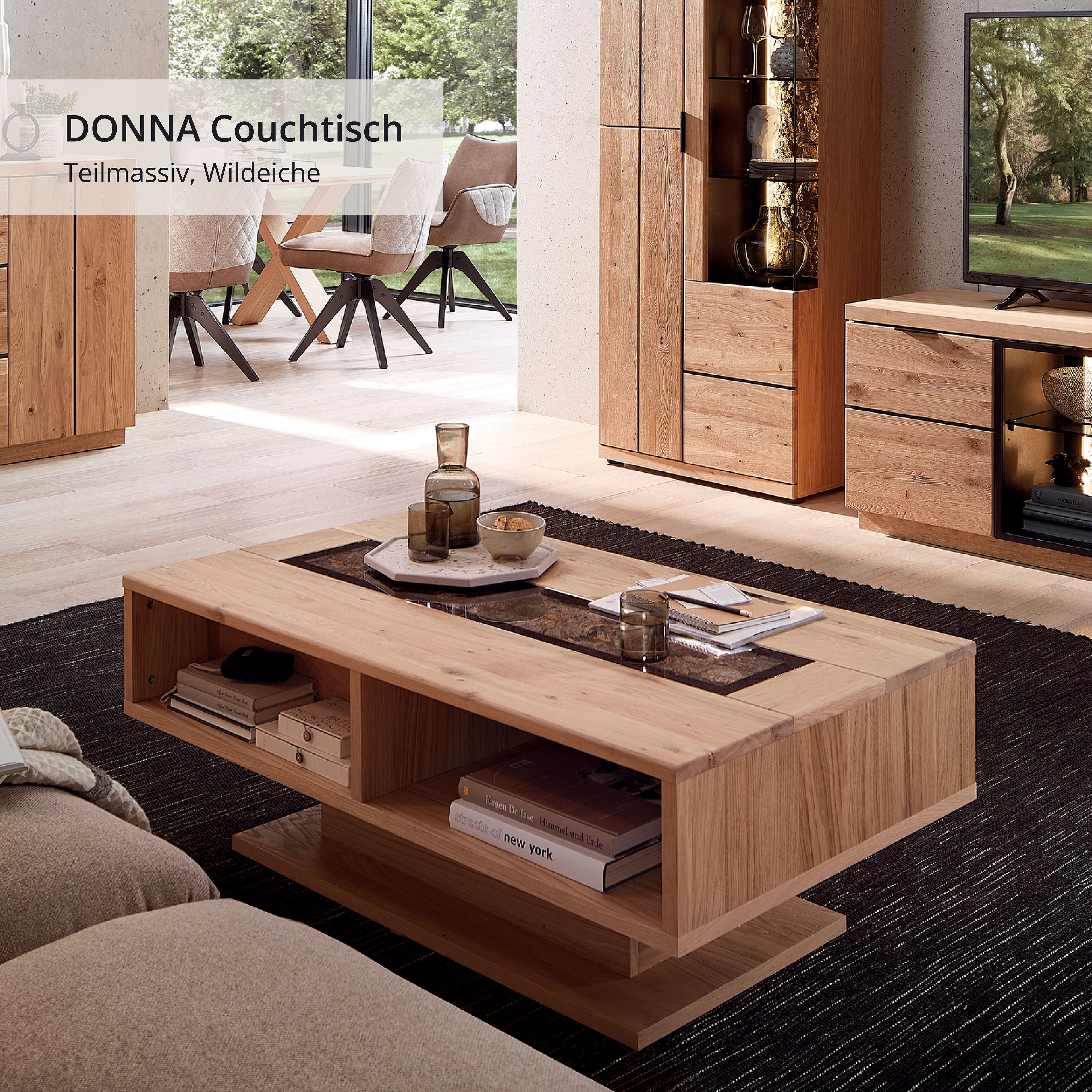 Wohnconcept Couchtisch Donna Couchtisch, 115x43x65 (BxHxT) (1-St), Massivholz, Absetzung Echtkork gerundet, 4 offene Fächer