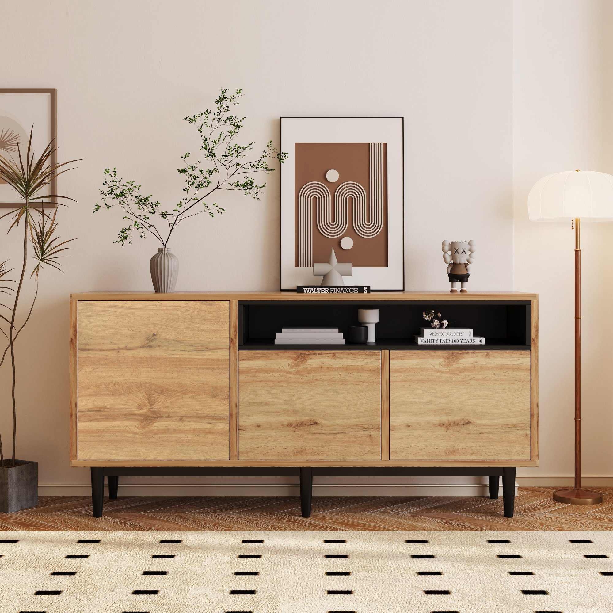 Merax Sideboard im Landhausstil mit Metallfüße, Anrichte aus Holz mit verstellbaren Einlegböden, Kommode, B:160cm