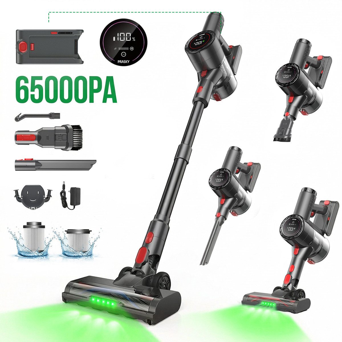 PRASKY Akku-Hand-und Stielstaubsauger 550W P1MAX Staubsauger kabellos, akkustaubsauger, Externe Akkuanzeige, 550 W, mit Beutel, 550W 65000Pa Netzteil im Lieferumfang enthalten staubsauger kabellos