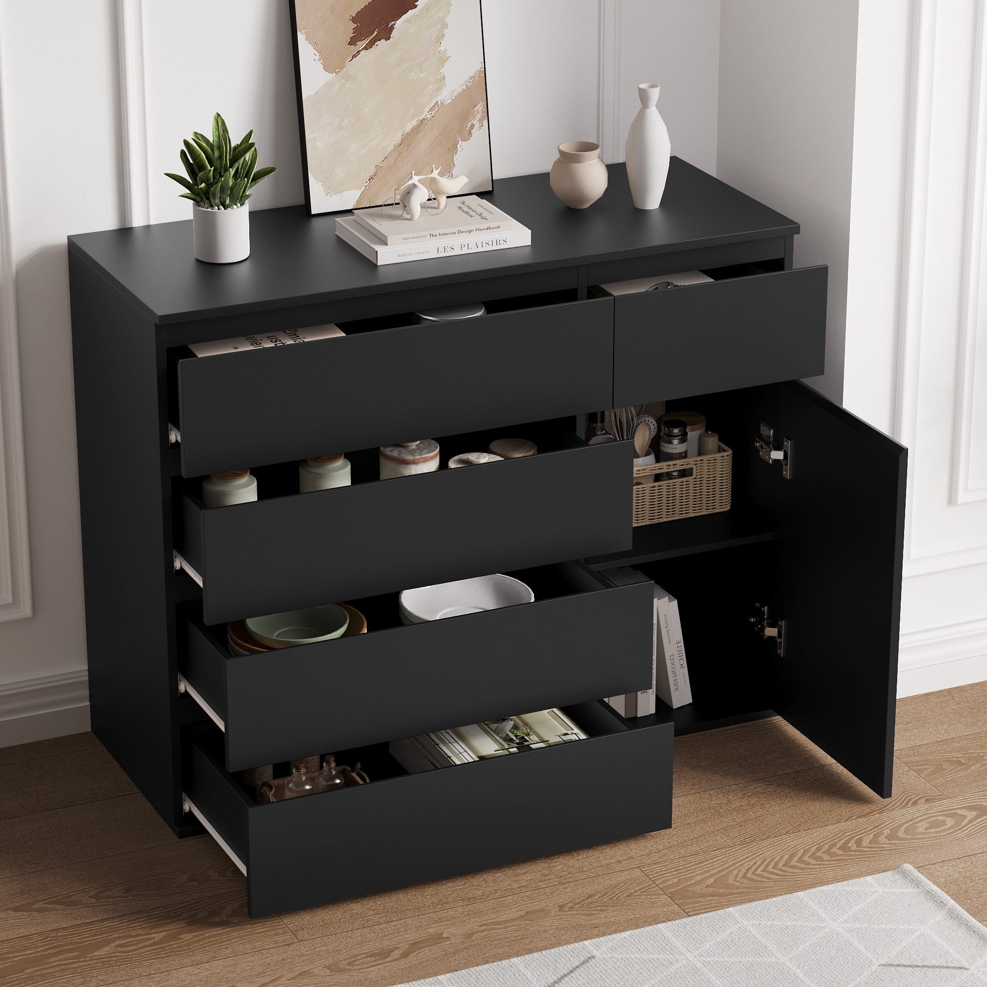 Homfa Kommode schwarz mit 5 Schubladen und 1Tür, Sideboard Schubladenschrank holz 100x80x40cm