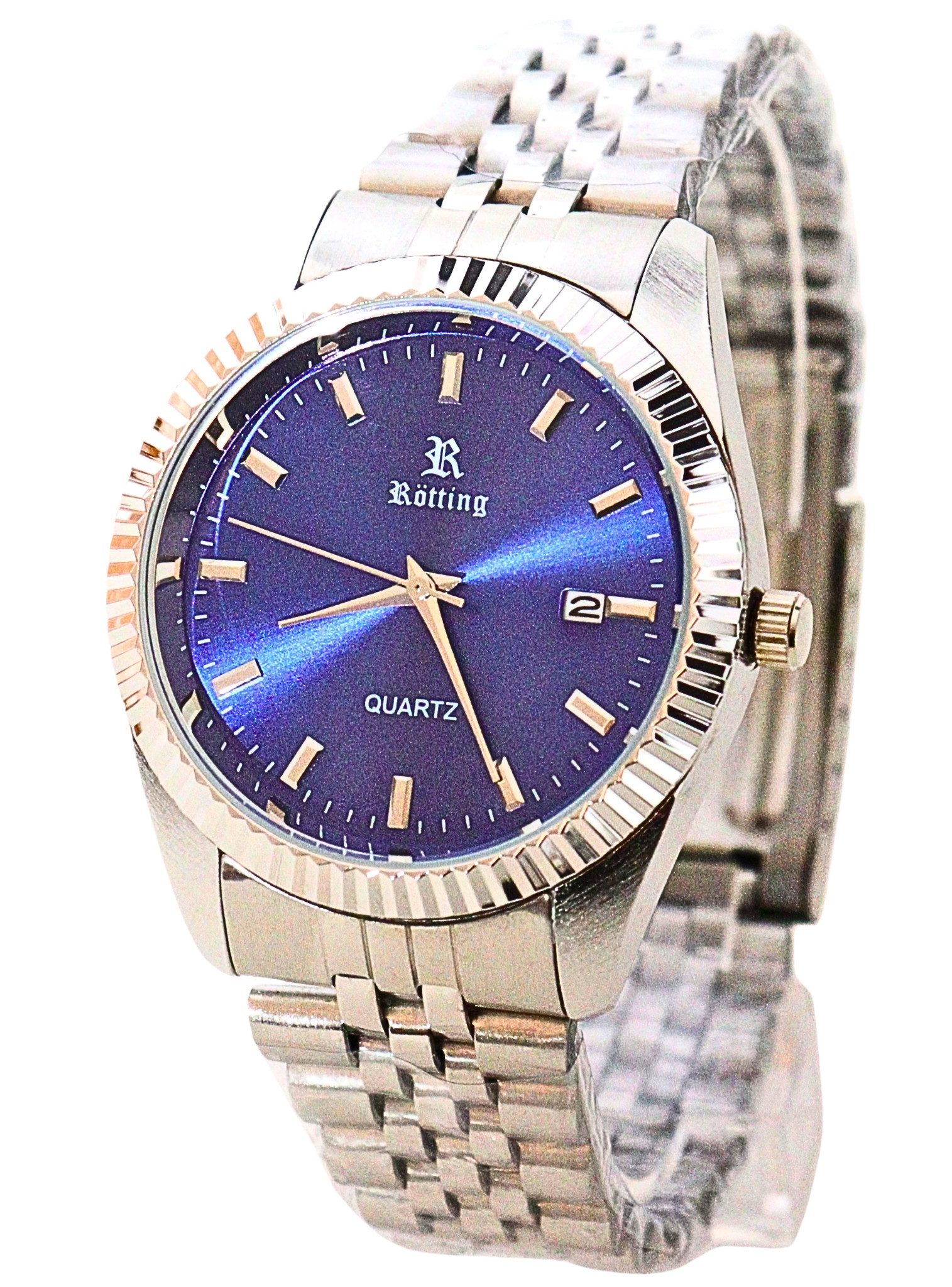 Rötting Design Quarzuhr Herrenuhr Quarz silberfarbene Lünette Ziffernblatt blau metallic DATUM