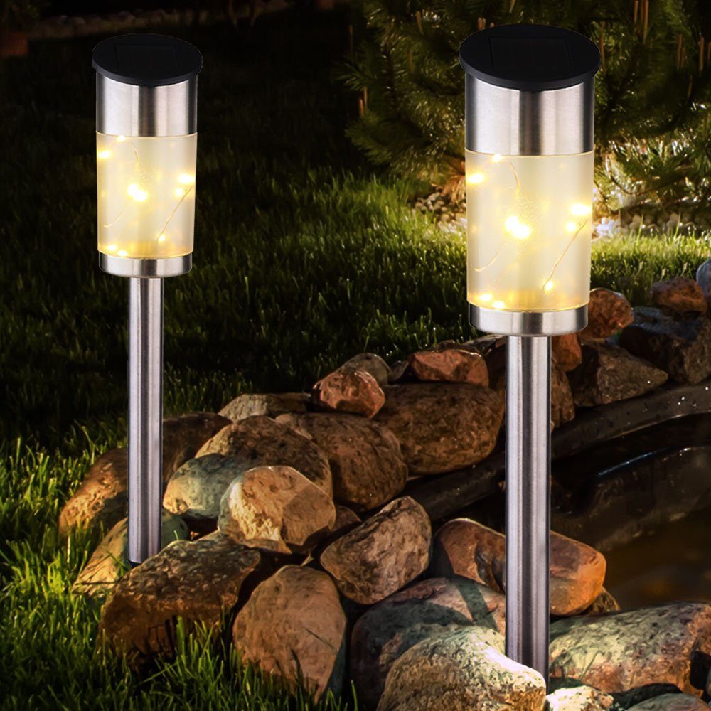 etc-shop LED Gartenleuchte, LED-Leuchtmittel fest verbaut, Warmweiß, 2x LED Solar Steck Lampen Lichterkette Edelstahl Balkon Erdspieß