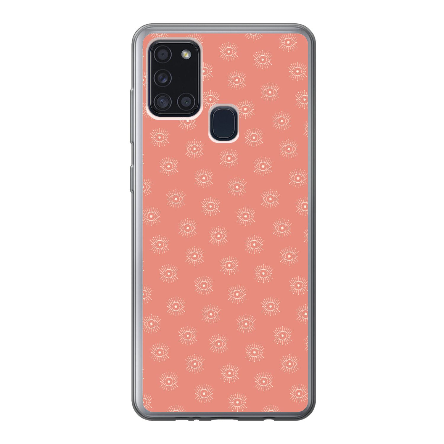 MuchoWow Handyhülle für Samsung Galaxy A21s Boho - Druck - Rosa - Weiß - Augen, Smartphone-Bumper, Print, Handy Schutzhülle Dünn