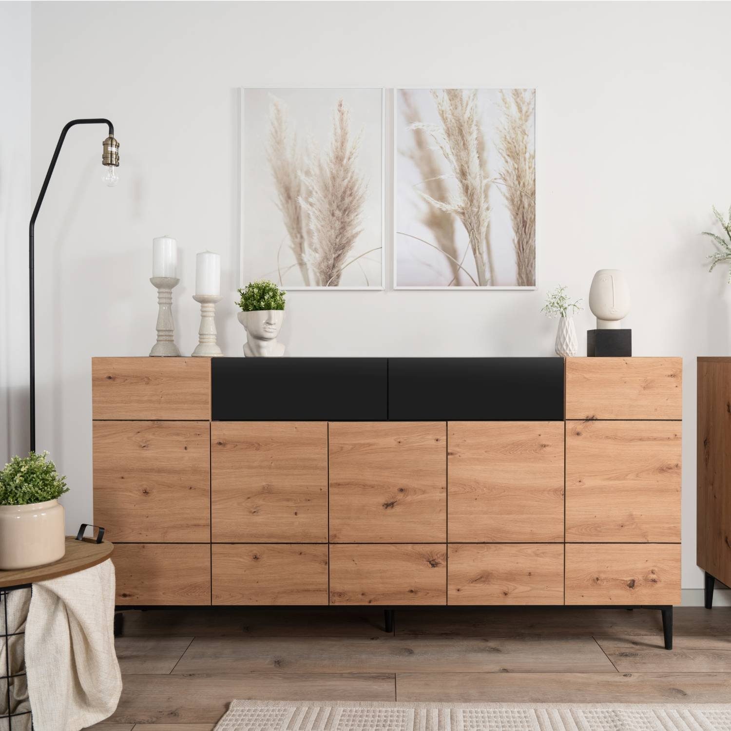 Homestyle4u Kommode Sideboard Wohnzimmerschrank Eiche Holz in Natur Schwarz Schublade, 12 Fächer, viel Stauraum
