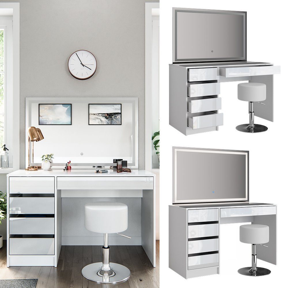 Vicco Schminktisch Sherry, Weiß Hochglanz, 120 cm mit LED-Spiegel und Hocke günstig online kaufen