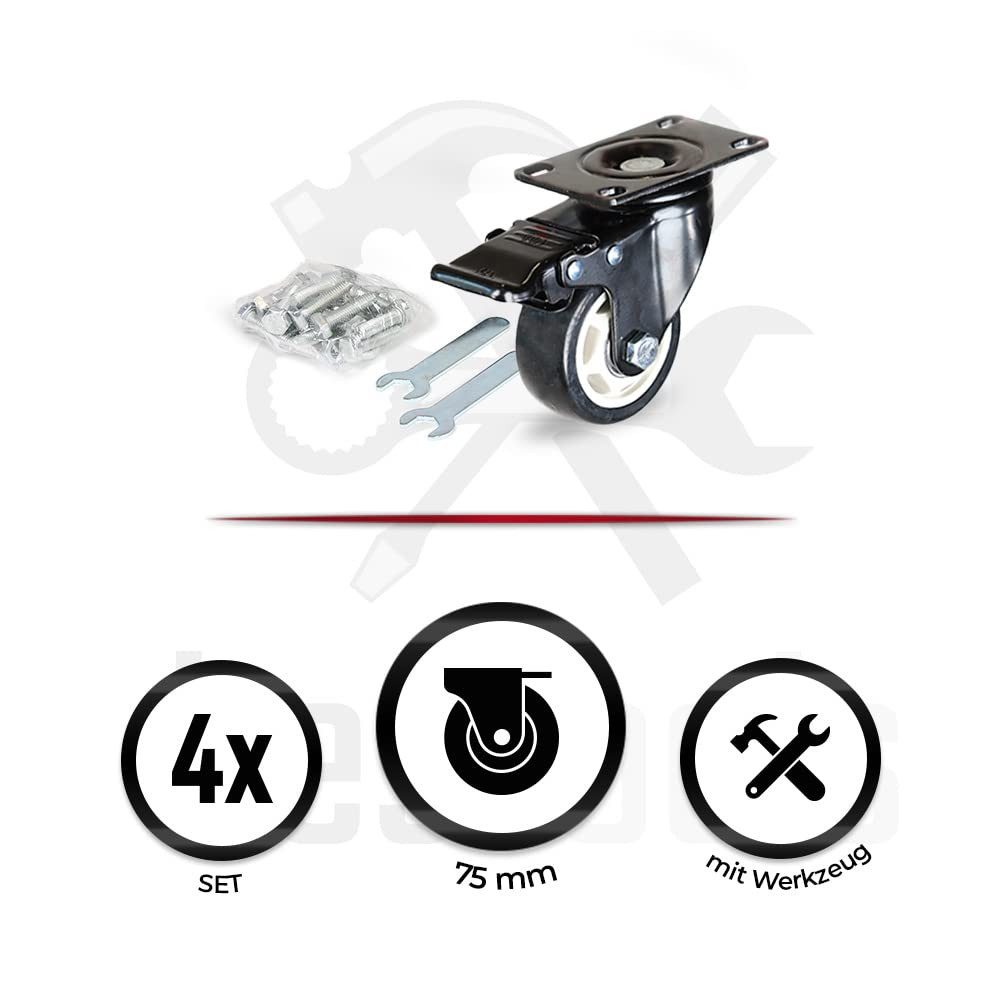 bestTools Schwerlastrolle Werkbank Rollen 75 mm, 360° drehbar 4er Set bis 270 kg, 2 Rollen mit Bremse, inkl. Montagewerkzeug, bodenschonend – Bild 4 von 5