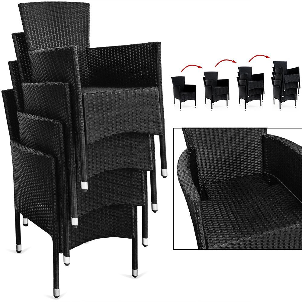 Casaria Sitzgruppe 6+1, 6 7cm stapelbare 150x90cm Gartentisch Stühle Polyrattan Auflagen Glas