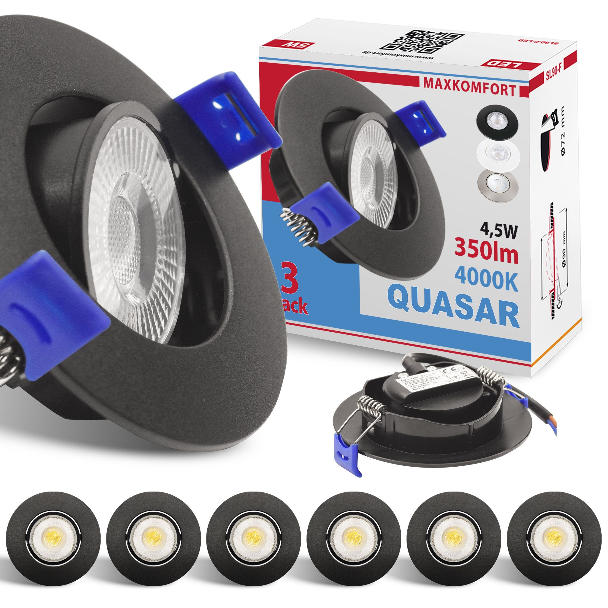 Maxkomfort LED Einbaustrahler 3/6/12er Set - schwenkbar & Ultraflach, Neutralweiß 4000K, LED fest integriert, Deckenspots Schwarz/Weiß/Silber - Einbauspots IP20 Ø90mm