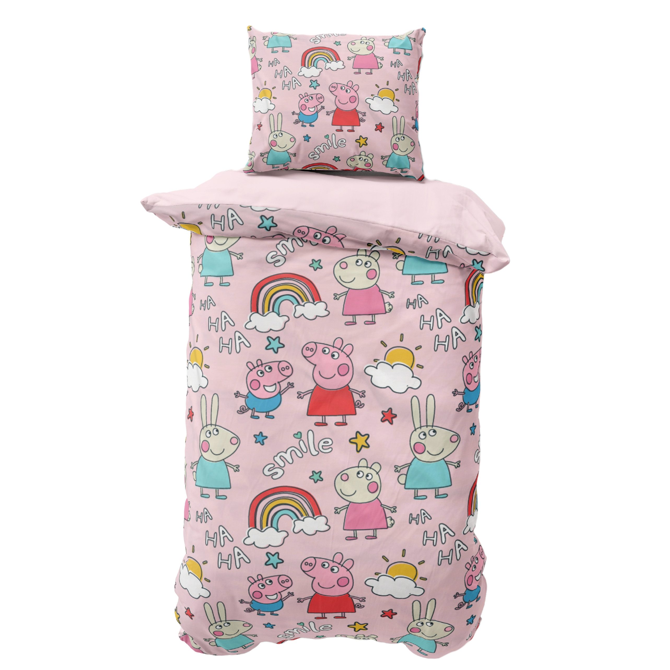 MTOnlinehandel Kinderbettwäsche Peppa Smile, 135x200 + 80x80 cm, Geschenkidee für Mädchen, Peppa Pig, Mikrofaser, 2 teilig, Peppa Wutz, George, rosa