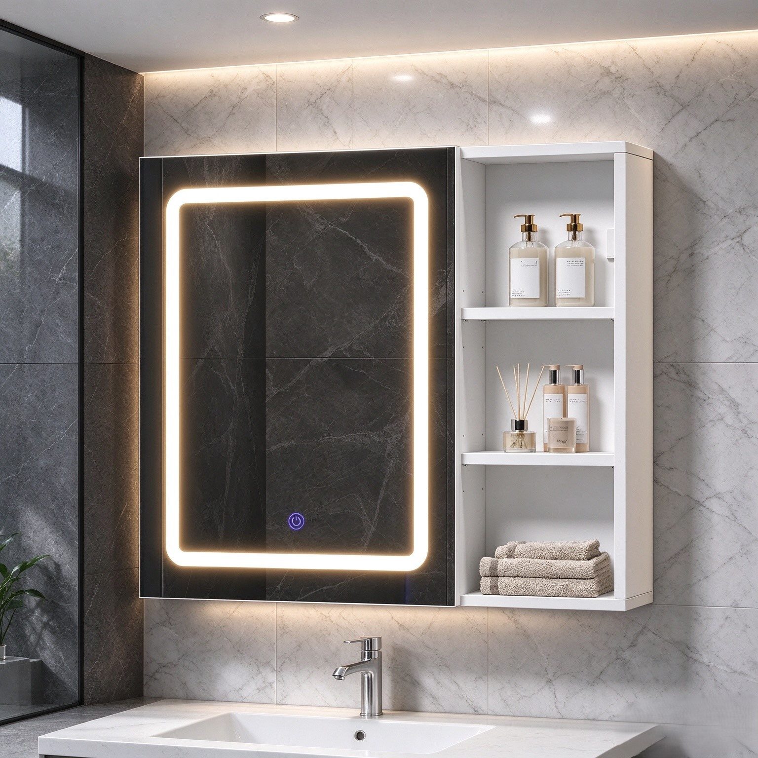 MSMASK Badezimmerspiegelschrank mit LED-Beleuchtung, HD-Spiegel, Touch-Schalter, 3 Lichtfarben (1-St) Spiegelschrank mit Steckdose und verstellbaren Regalen, 70x60cm