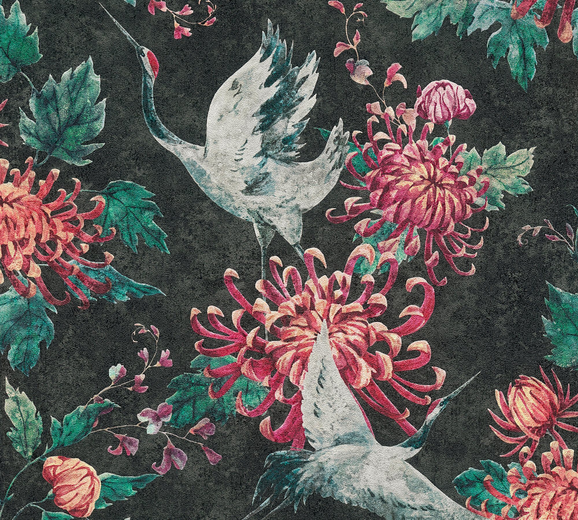 A.S. Création Vliestapete floral, Fusion, Japanisch Asian print, schwarz/grün/orange geprägt, animal Vogeltapete Tapete