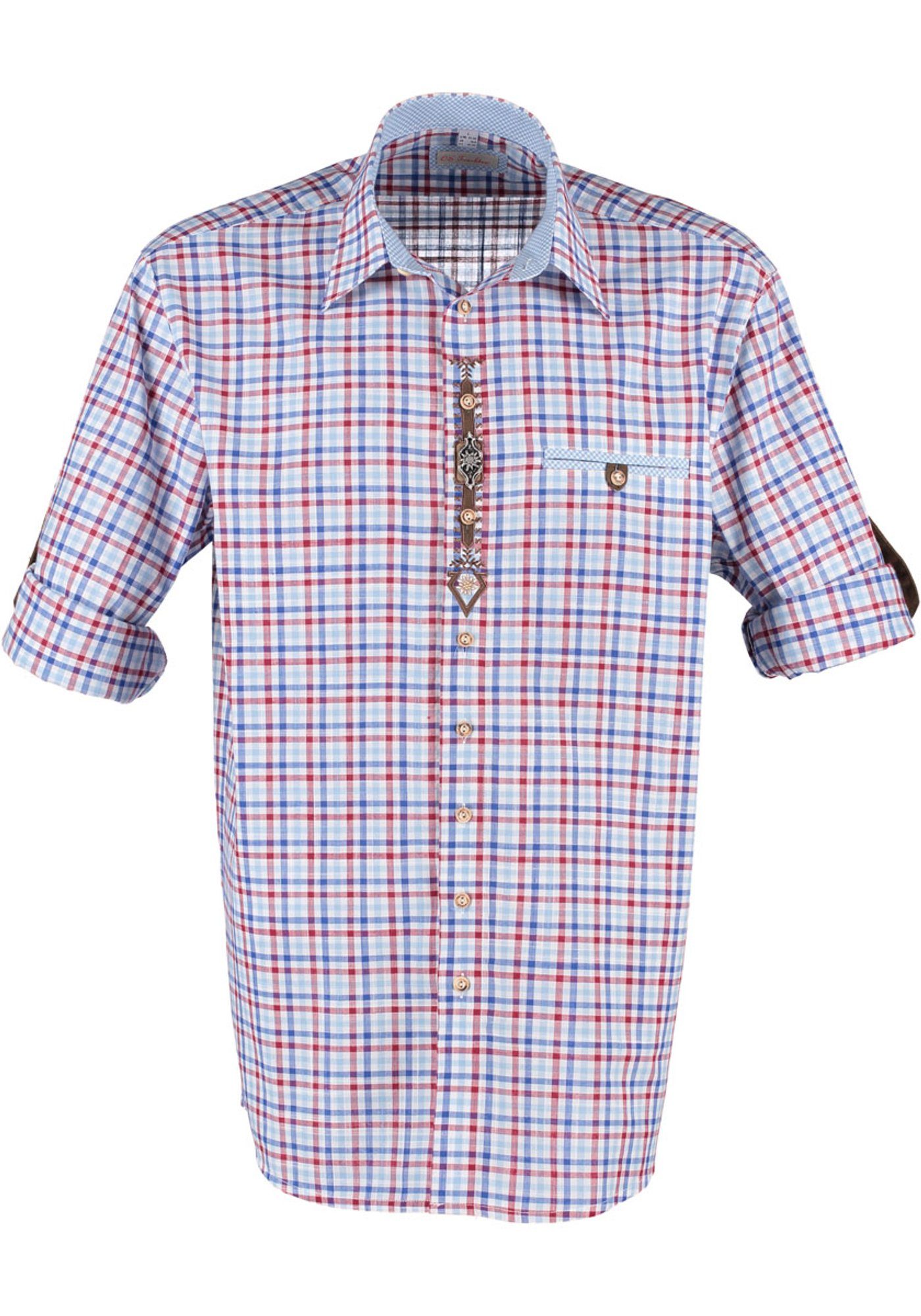 Knopf Ployos OS-Trachten mit Herren Trachtenhemd Langarmhemd mit Paspeltasche mittelrot
