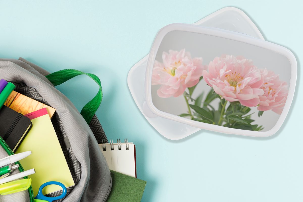 MuchoWow Lunchbox Jungs Brotdose, für Mädchen (2-tlg), Pfingstrosen, aus Blumenstrauß weiß für rosa Erwachsene, Brotbox Kunststoff, und Kinder und