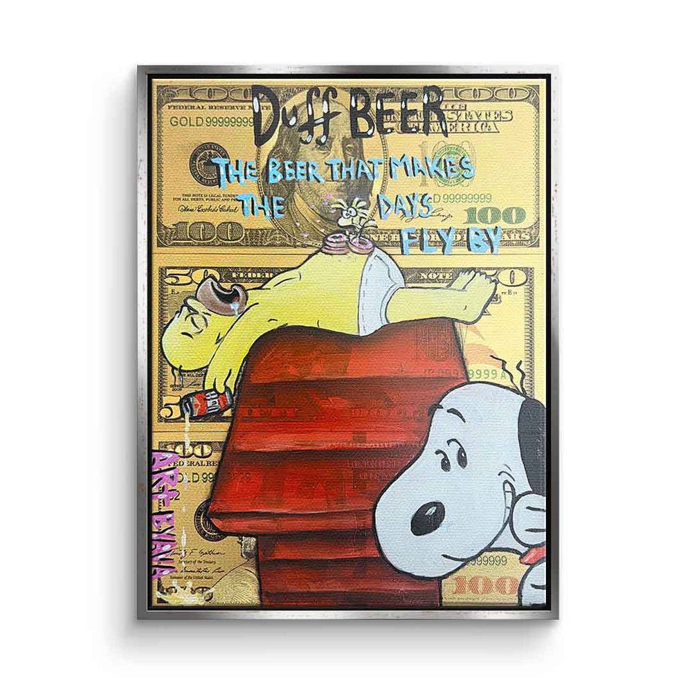 DOTCOMCANVAS® Leinwandbild Duff Beer Magic, Leinwandbild Duff Beer Magic Homer Simpson Snoopy gold Dollarschein