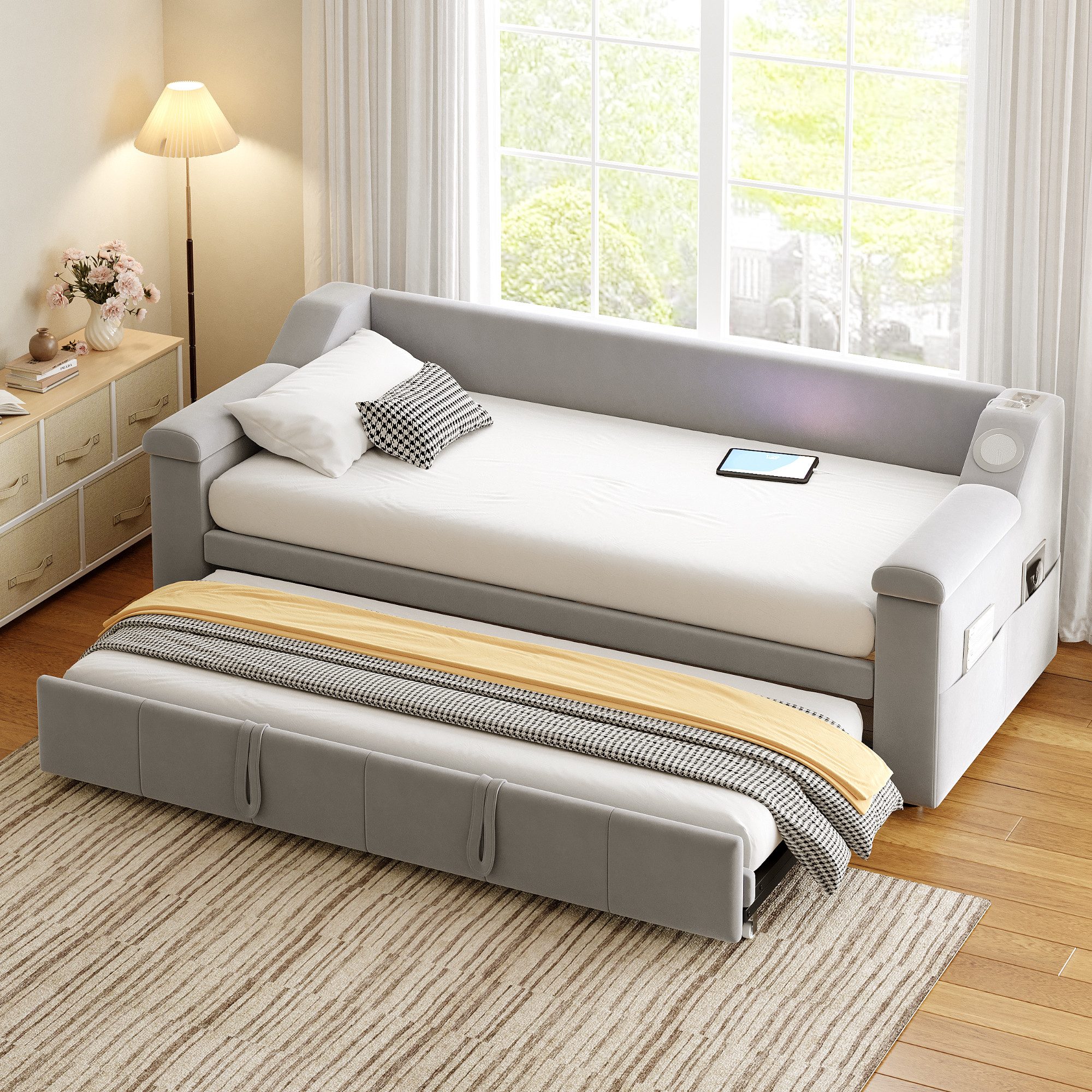 Celya Polsterbett Schlafsofa Armlehnen Breiter und Dicker (Mit Ablagefächern, Mit Lattenrost, Samtstoff, Ohne Matratze, Mit Smart Bluetooth-Stereoanlage Mit USB-Ladeanschluss), Schlafsofa, 90/180*190 cm