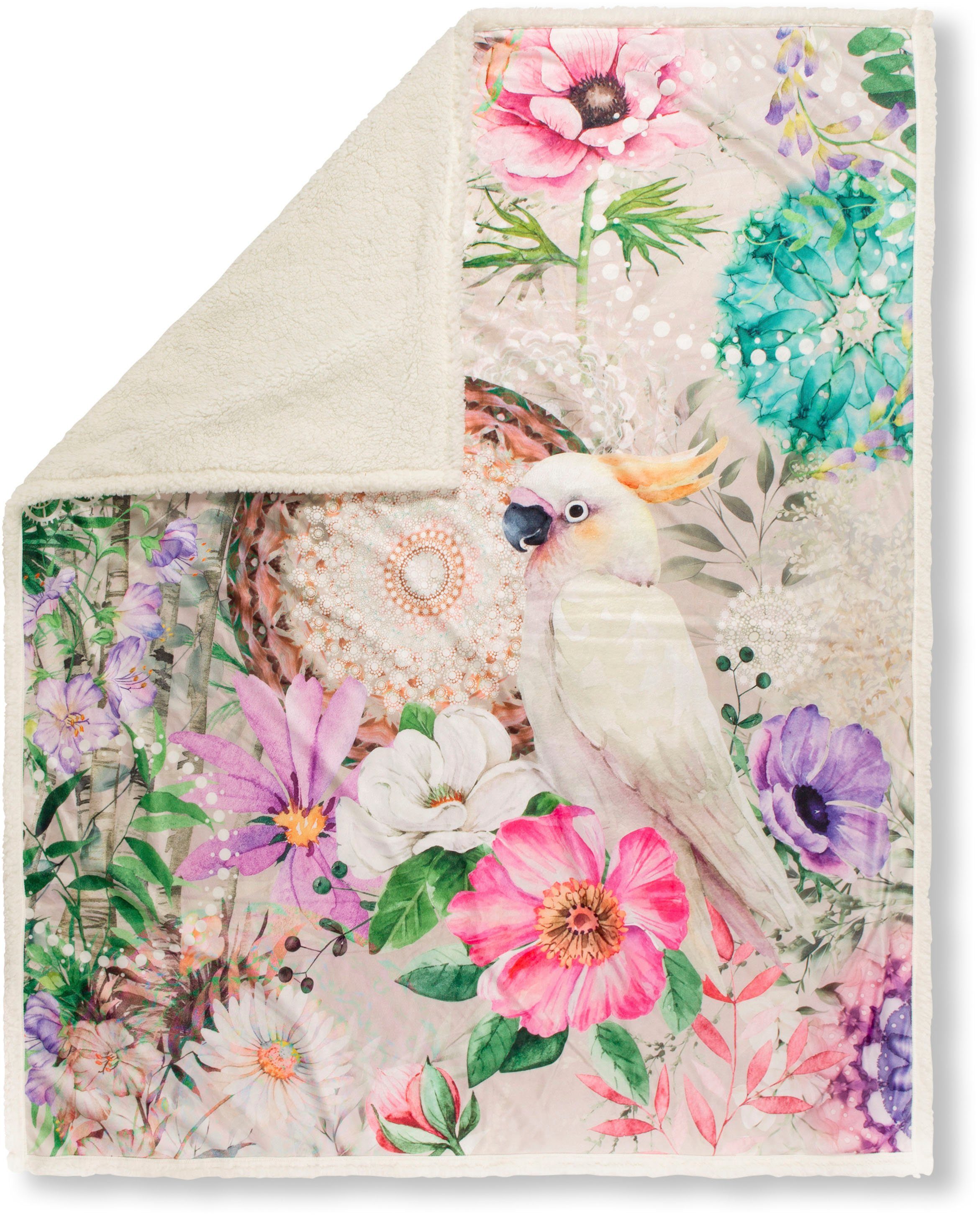 Plaid Indah, hip, Sehr Weich, Kuscheldecke, 130x160 cm, Wendeoptik,Blumen Tropisch, Sand