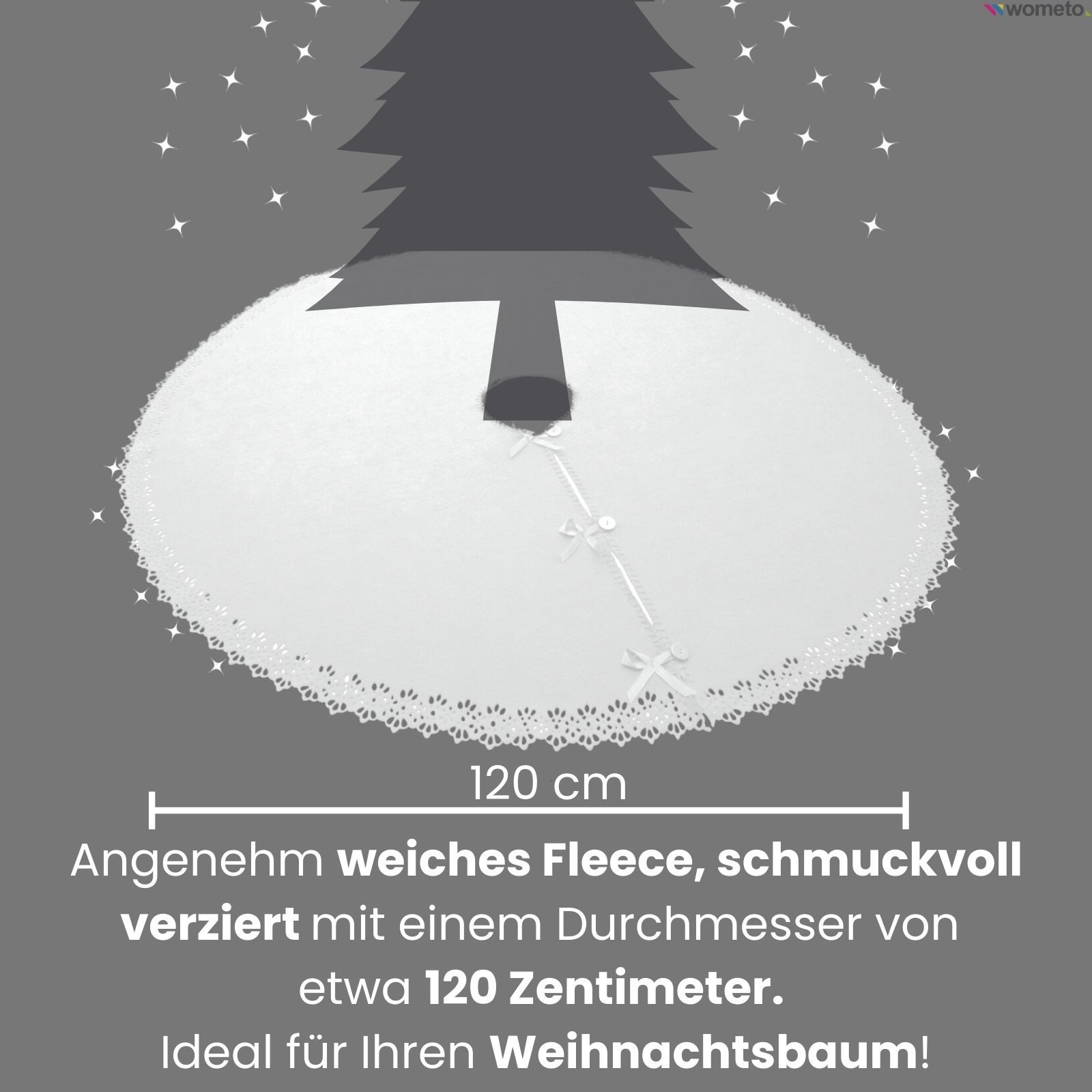 wometo Baumteppich Weihnachtsbaumdecke / Baumunterlage mit Knöpfen & Satin-Schleifen, Rund, OEKO-TEX®, Tannenbaum-Decke mit Knöpfen & Satin-Schleifen