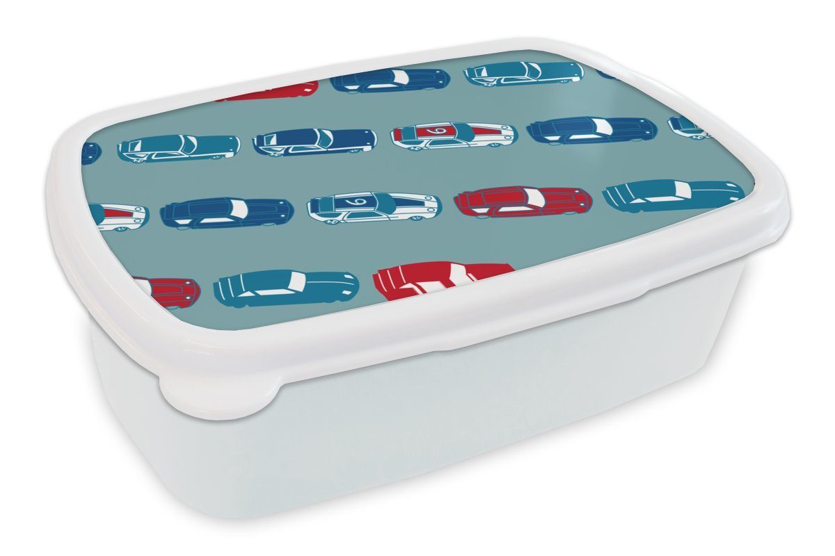 MuchoWow Lunchbox Muster - Auto - Rennen - Jungen - Kinder - Kind, Kunststoff, (2-tlg), Brotbox für Kinder und Erwachsene, Brotdose, für Jungs und Mädchen weiß