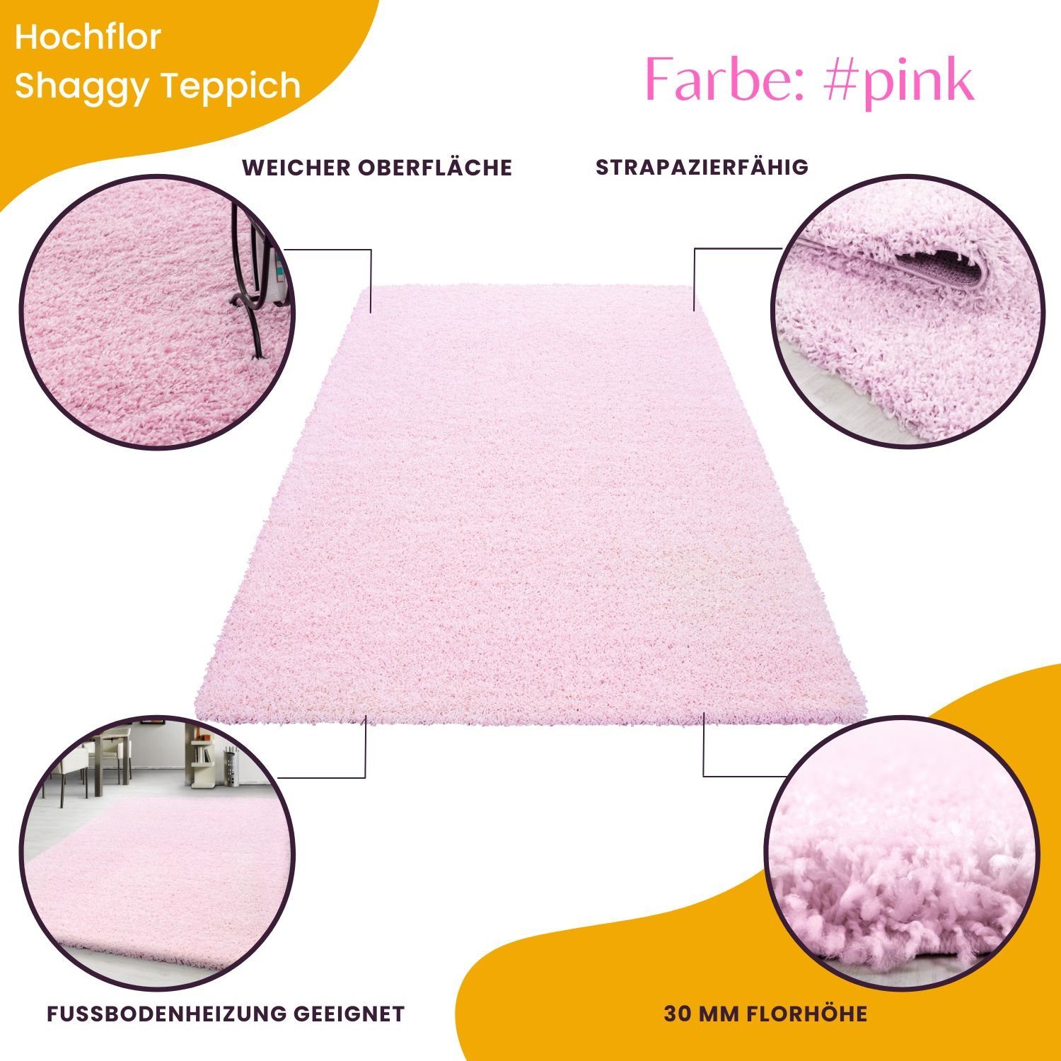 Teppich Unicolor Teppich Teppium, 30 Pink Höhe: Wohnzimmer Läufer, Einfarbig, mm, 