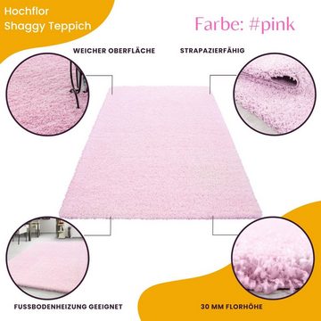 Teppich Unicolor - Einfarbig, Teppium, Rund, Höhe: 30 mm, Teppich Wohnzimmer Shaggy Einfarbig Pink Modern Flauschig Weiche