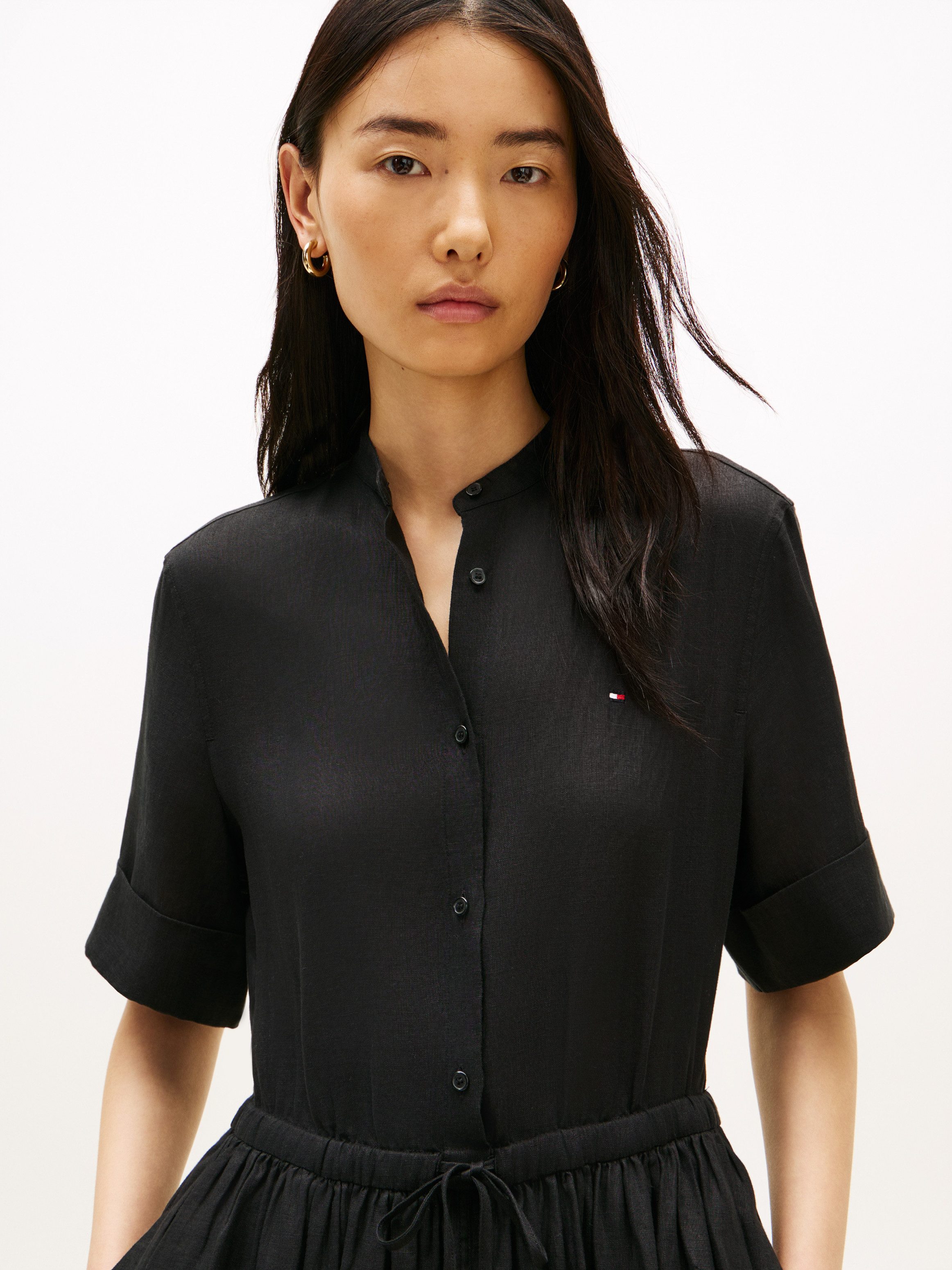 Tommy Hilfiger Sommerkleid ESS LINEN SHORT SLEEVE SHIRT DRESS in Midi-Länge, mit Taillen-Band zum Binden