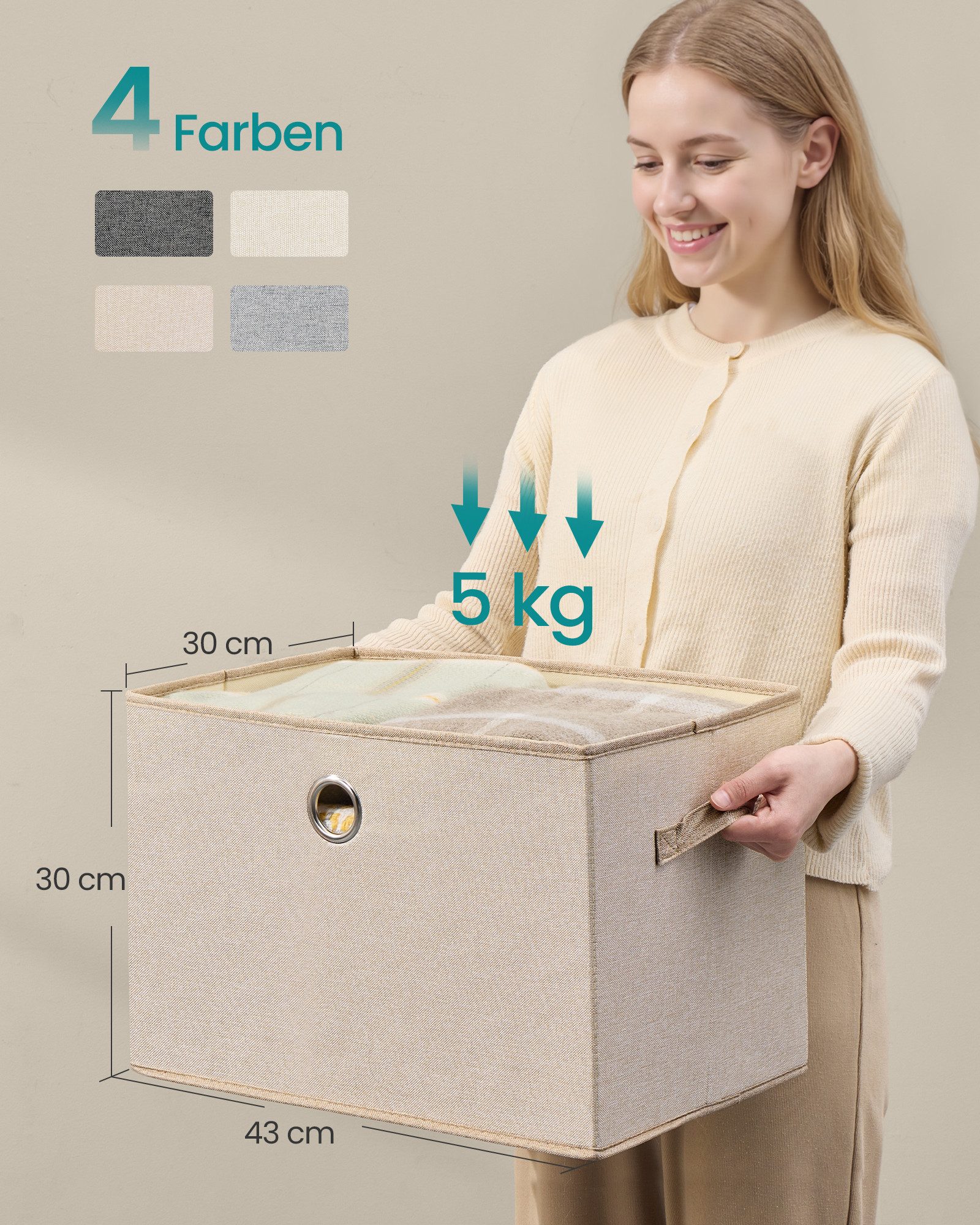 SONGMICS Aufbewahrungsbox 3er-Set, Ordnungsboxen, stapelbar mit Griffen, 43 x 30 x 30 cm, Stoffboxen mit Deckel, PP-Platten, geruchsneutral, faltbar