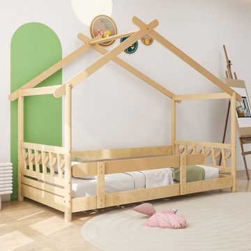 Housmile Kinderbett Kinderbett 90x190 cm mit Rausfallschutz und Lattenrost,Natur,Bodenbett