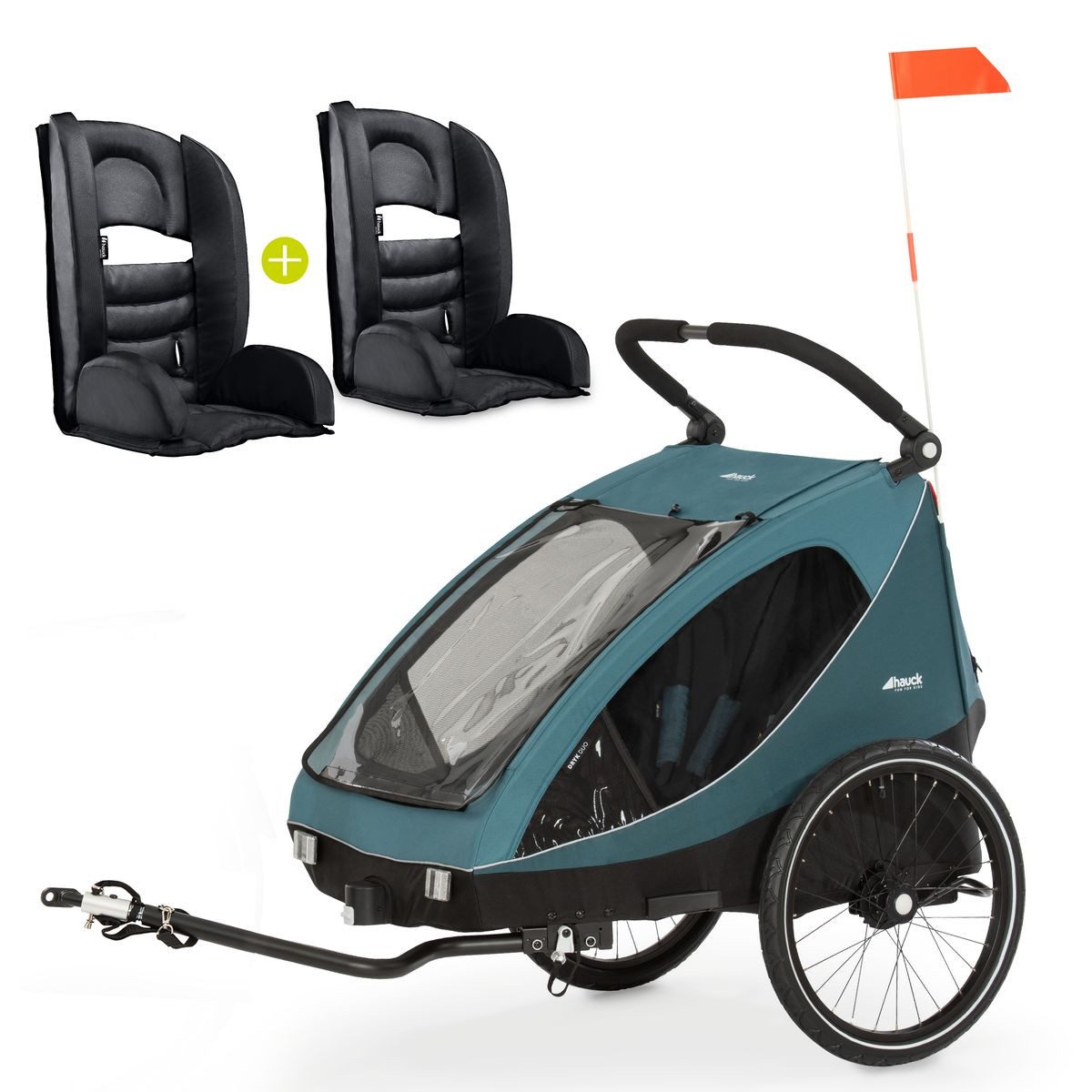 Hauck Fahrradkinderanhänger Dryk Duo Set- Ocean Green, 2in1 Fahrradanhänger Buggy für 2 Kinder bis 44 kg inkl. 2 Sitzpolster
