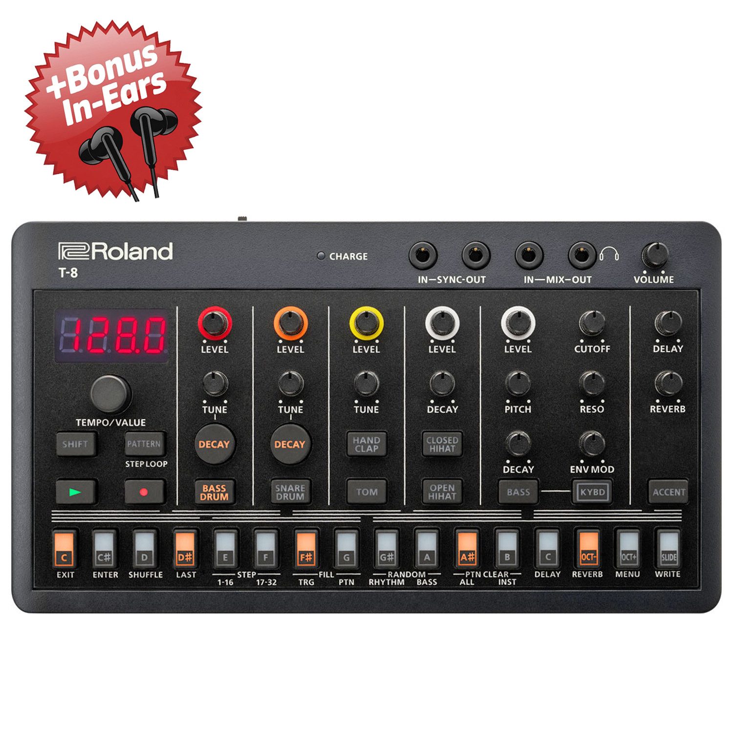 Roland Audio Roland Aira T-8 Beat Machine Drum-Computer + Bonus In-Ear Kopfhörer Digitales Aufnahmegerät (Drum Machine mit Integrierte Effekte)