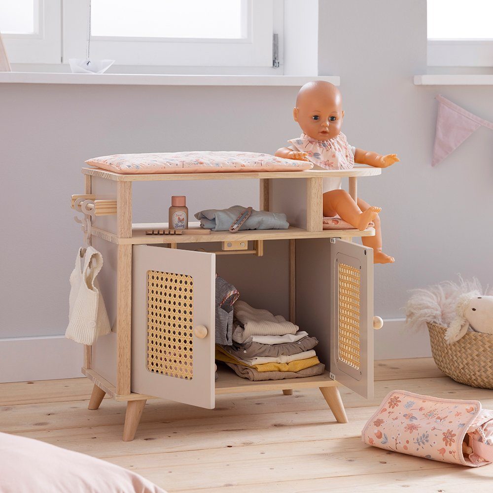 howa Puppenwickeltisch miniflowers, aus Holz mit Puppenschrank, Puppensitz, Auflage, 2 Kleiderbügel