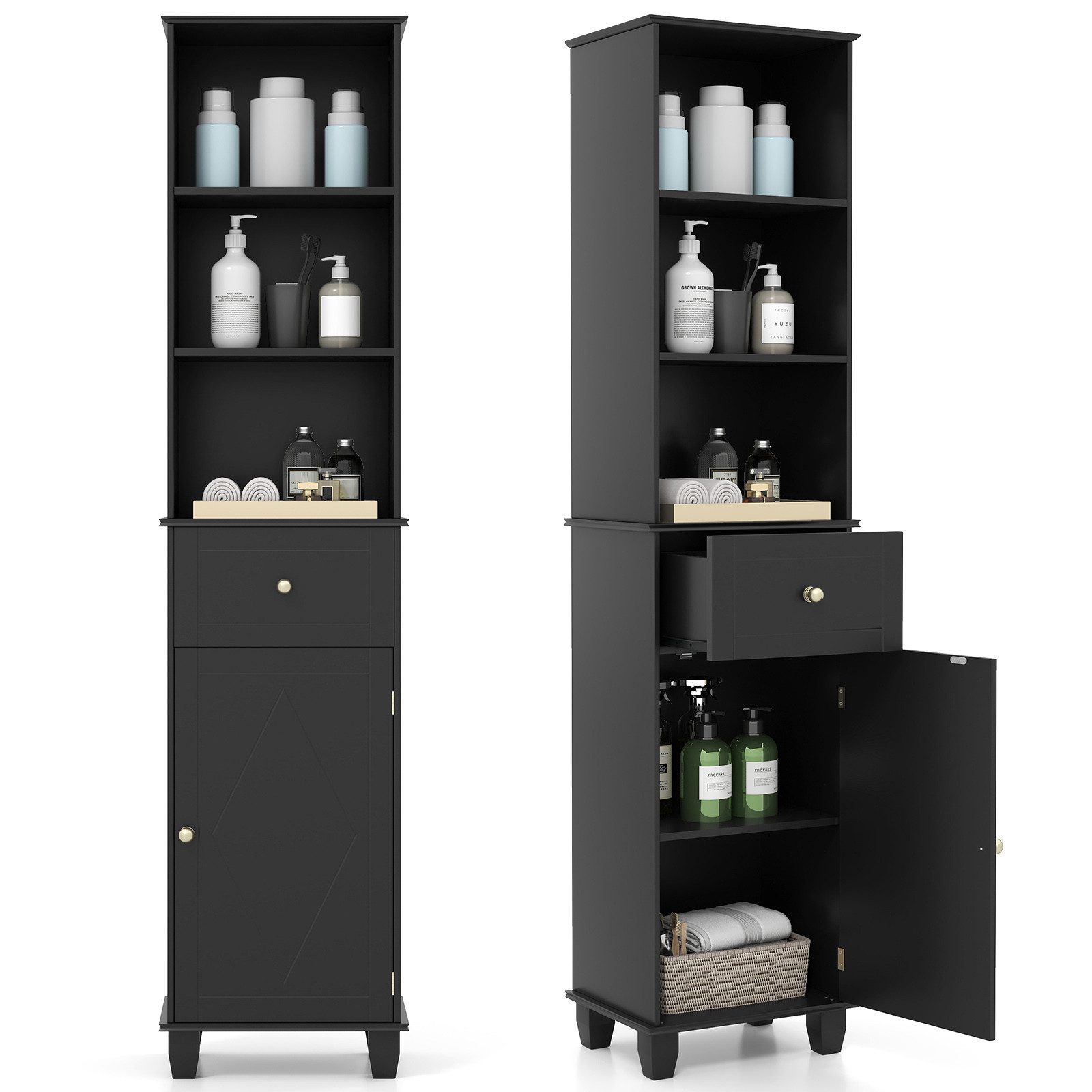 COSTWAY Badkommode, schmal Hochschrank Bad mit Schublade Holz 172cm