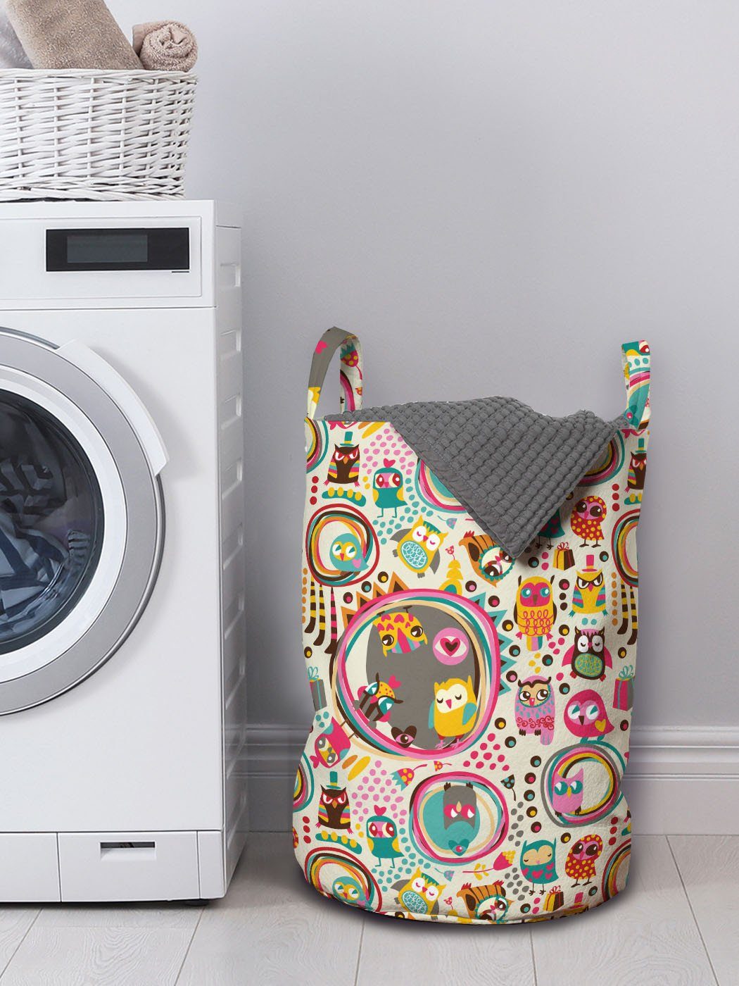 Wäschekorb Cartoon Kordelzugverschluss Waschsalons, Griffen Tiere mit Abakuhaus Eule Wäschesäckchen Fliegende für