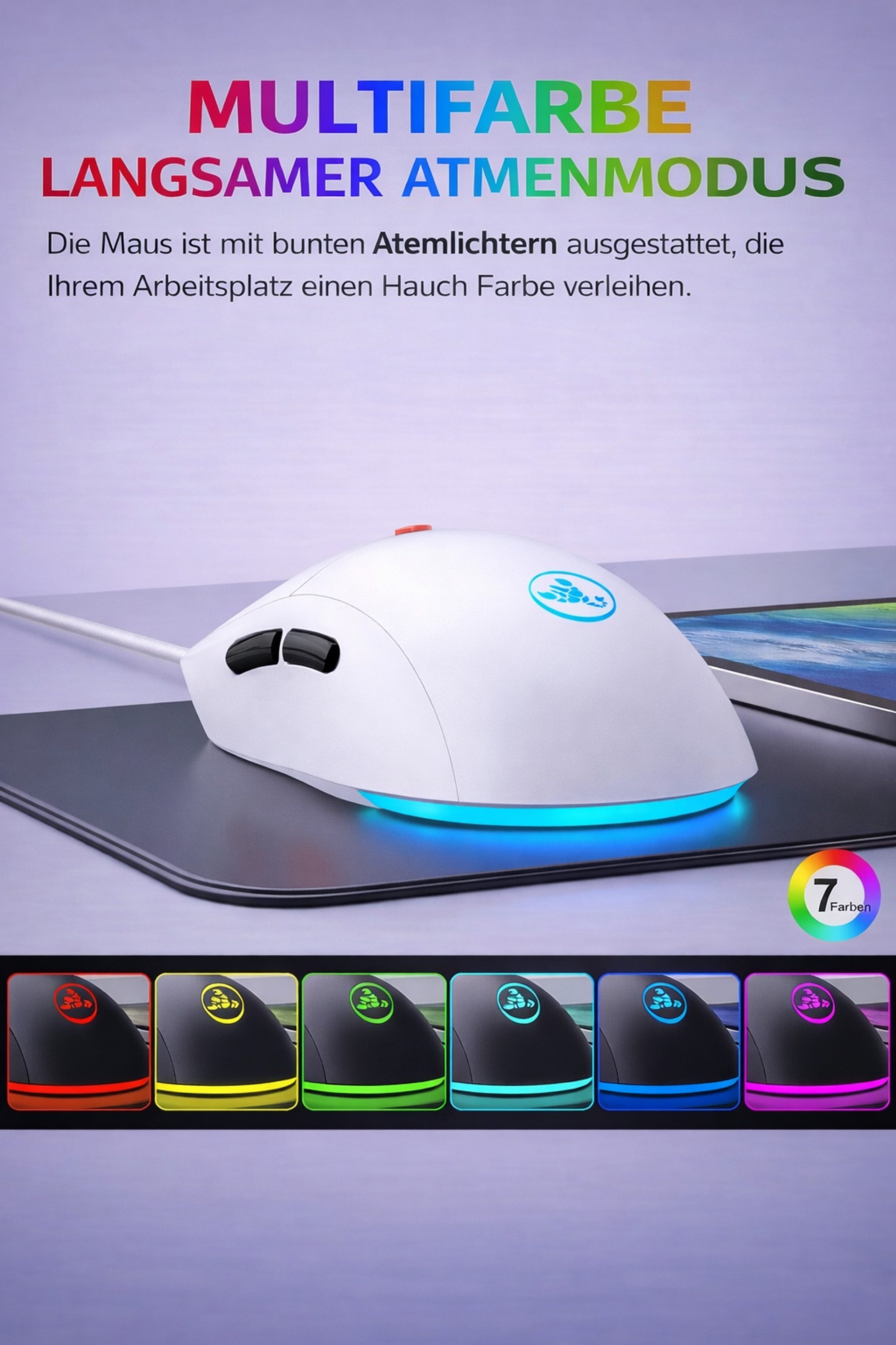 RUHE Gaming Maus RGB Kabellos Wireless Büro Laut Beleuchtung Plug & Play Maus (Funk, 2.5G, USB-Dongel, Kabelgebundene Aufladung, Drahtlos, Optische Maus, Ergono – Bild 5 von 5