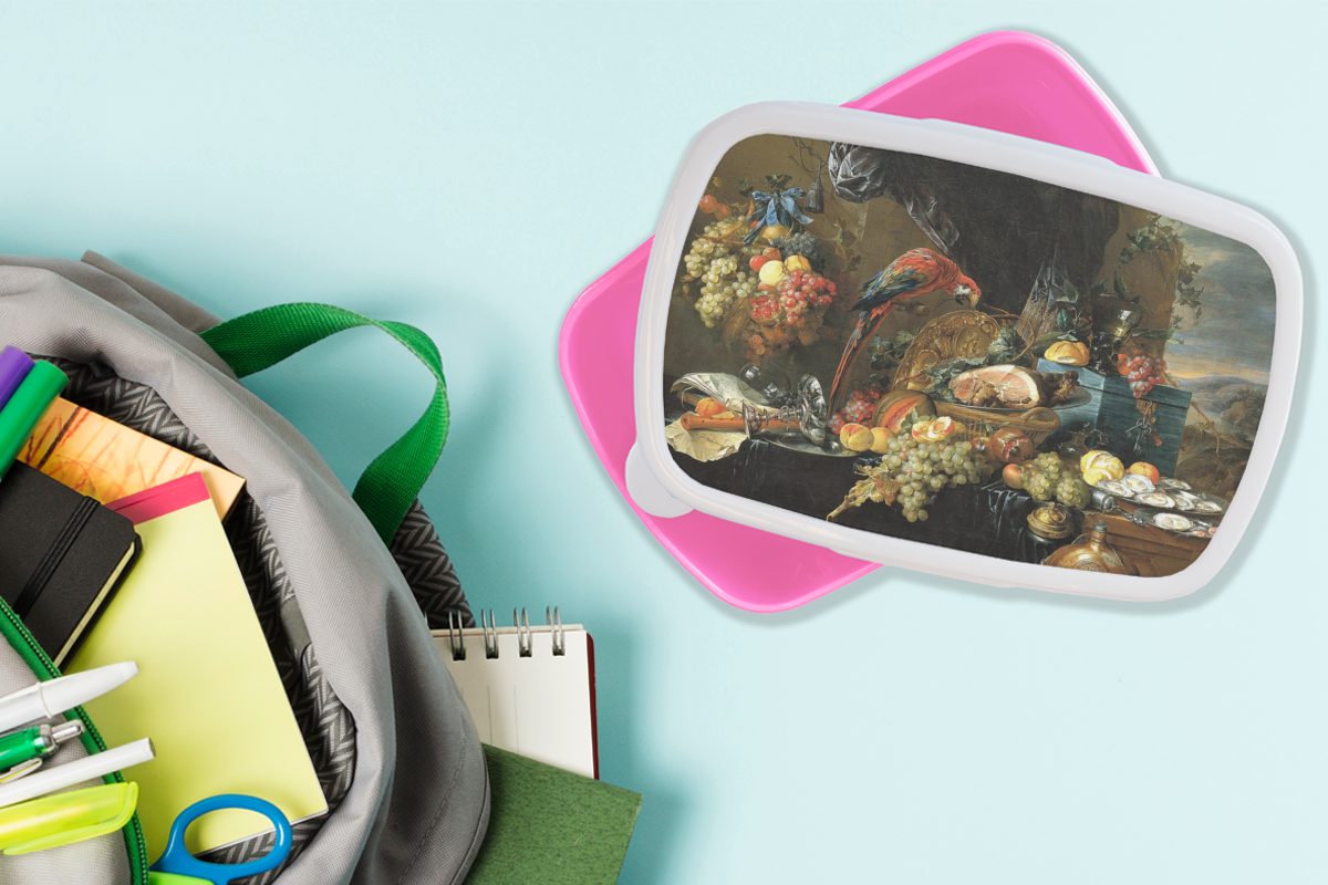 Davidsz für Kunststoff Lunchbox Jan Brotbox Kunststoff, von Kinder, - de, rosa MuchoWow Snackbox, Gemälde Brotdose Ein Papageien mit reich Erwachsene, Mädchen, (2-tlg), gedeckter Tisch