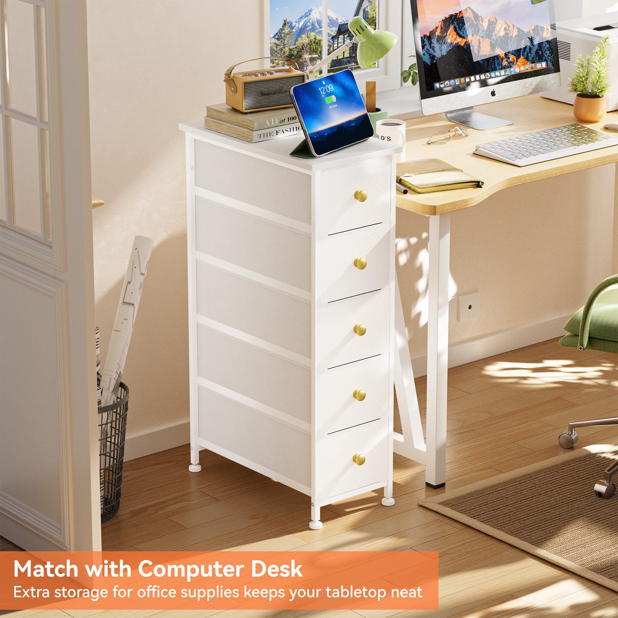 JEOBEST Schubkastenkommode Kommode Schrank mit 5 Schubladen aus Stoff, Metallrahmen, (1 St. Schrank)Aufbewahrungsschrank, Sideboard, Verstellbare Füße – Bild 5 von 5
