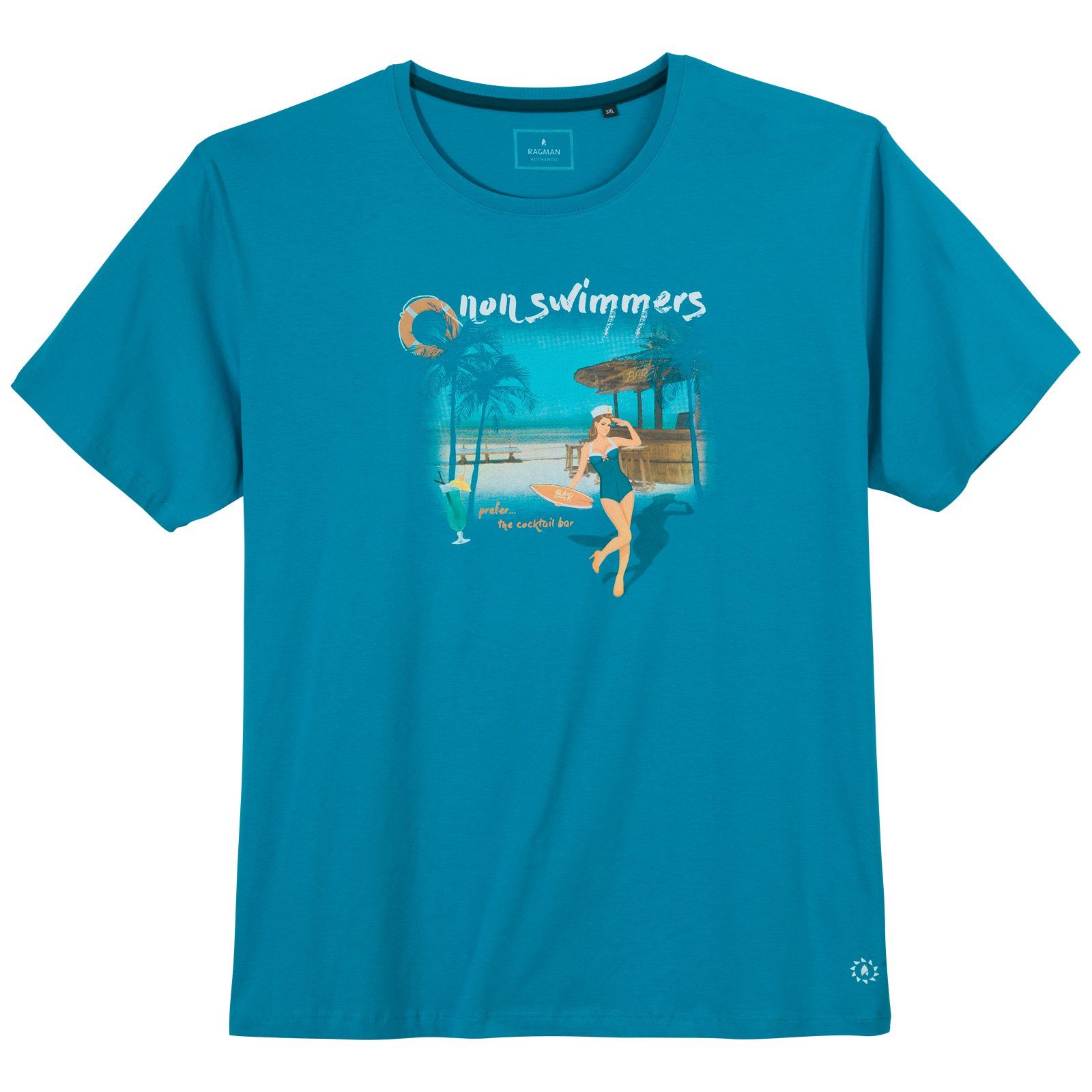 RAGMAN Rundhalsshirt Große Größen Herren aquablau Retro-Sommerprint T-Shirt Ragman