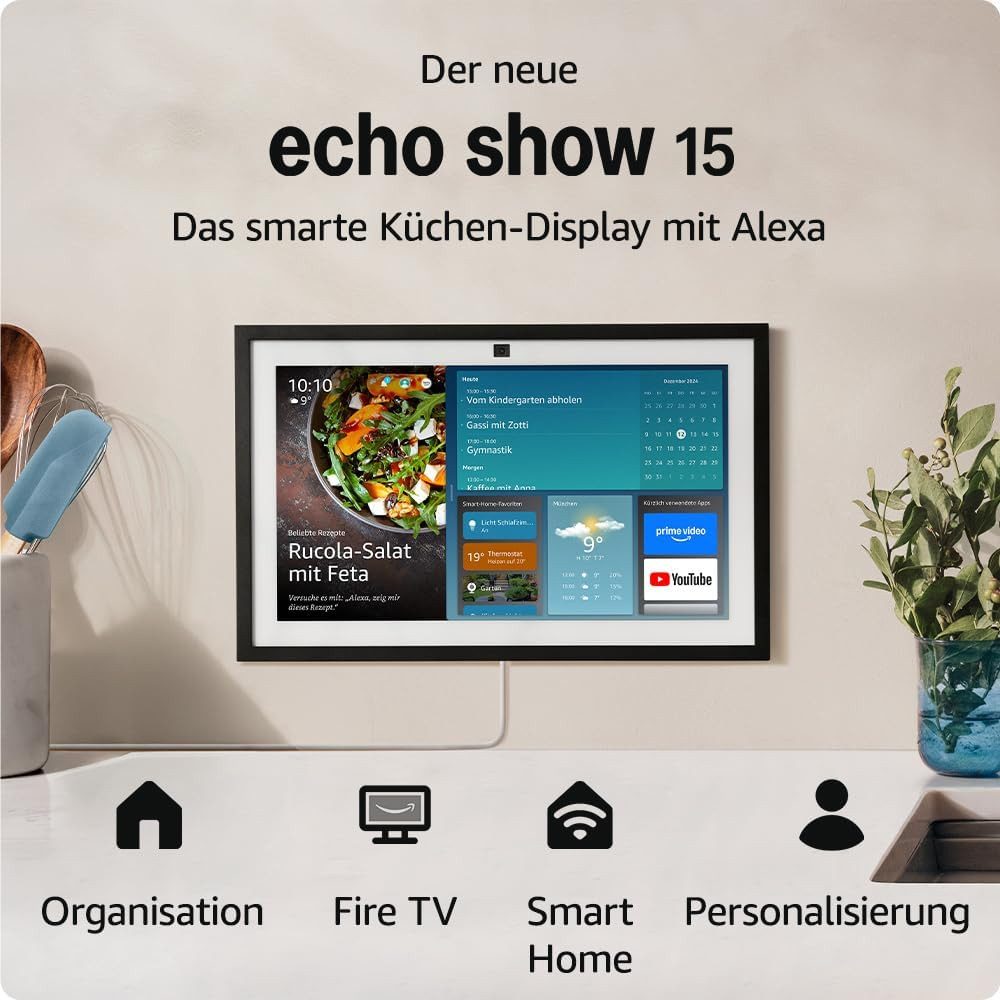 Amazon Echo Show 15 + Fernbedienung (Neueste Generation) mit Fire TV Lautsprecher (WLAN (WiFi), Bluetooth, 15,6-Zoll-Smart-Display, Full HD, Sprachsteuerung)