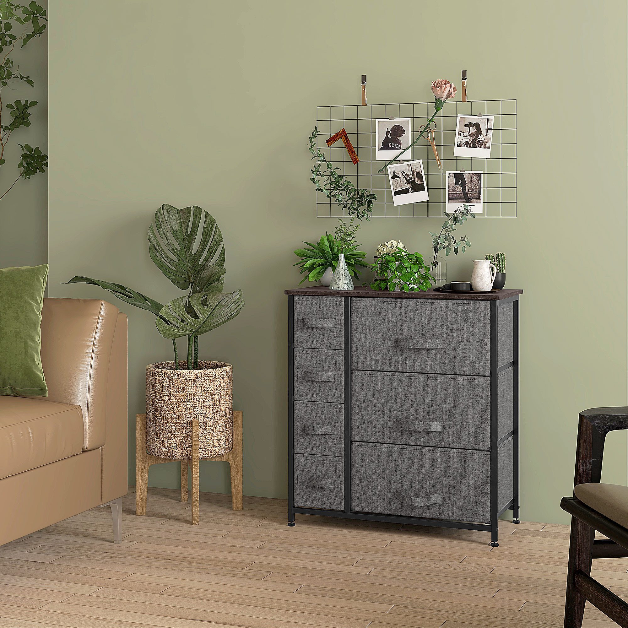 HOMCOM Kommode Aufbewahrungsschrank mit Griffen,Metallgestell,Aufbewahrungskommode (Stoffschubladen, 1 St., Schubladenschrank), Dunkelrau 63,5 x 30 x 71 cm