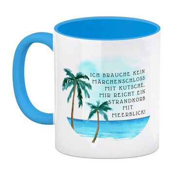 speecheese Tasse Strandkorb und Meerblick Kaffeebecher in hellblau mit Spruch