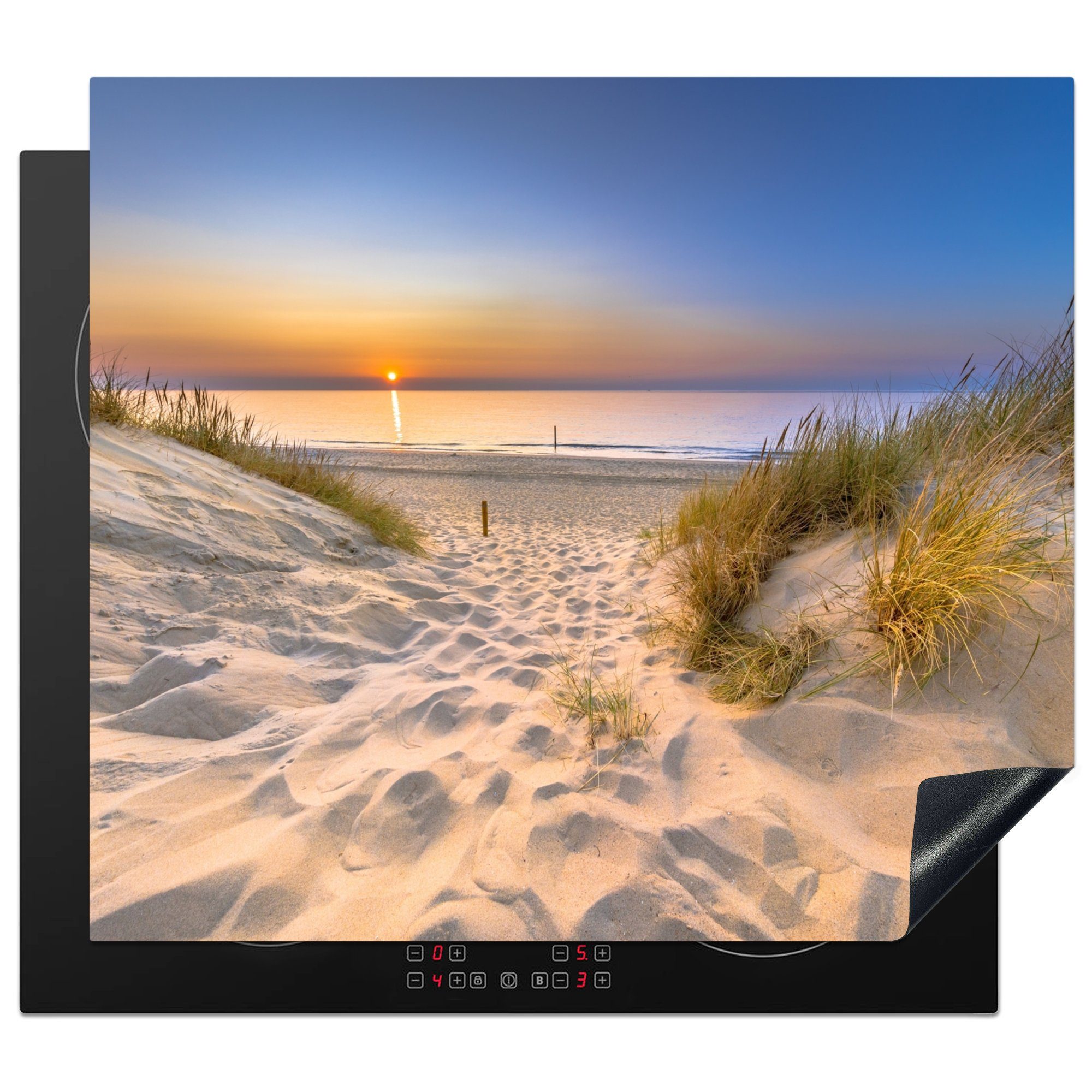 MuchoWow Herd-Abdeckplatte Düne - Sonnenuntergang - Horizont - Strand - Gras, Vinyl, (1 tlg), Ceranfeldabdeckung Küche, Herdabdeckplatte Einteilig, 60x52 cm